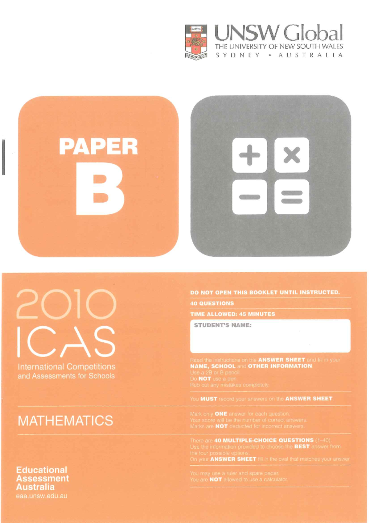 Icas MATHEMATICS B year 4 2010 LAST PAPER - Studocu