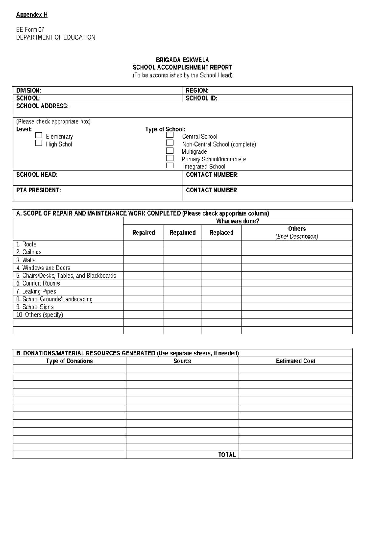 Appendex H BE FORM 7 School Accomplishment Report - Appendex H BE Form ...