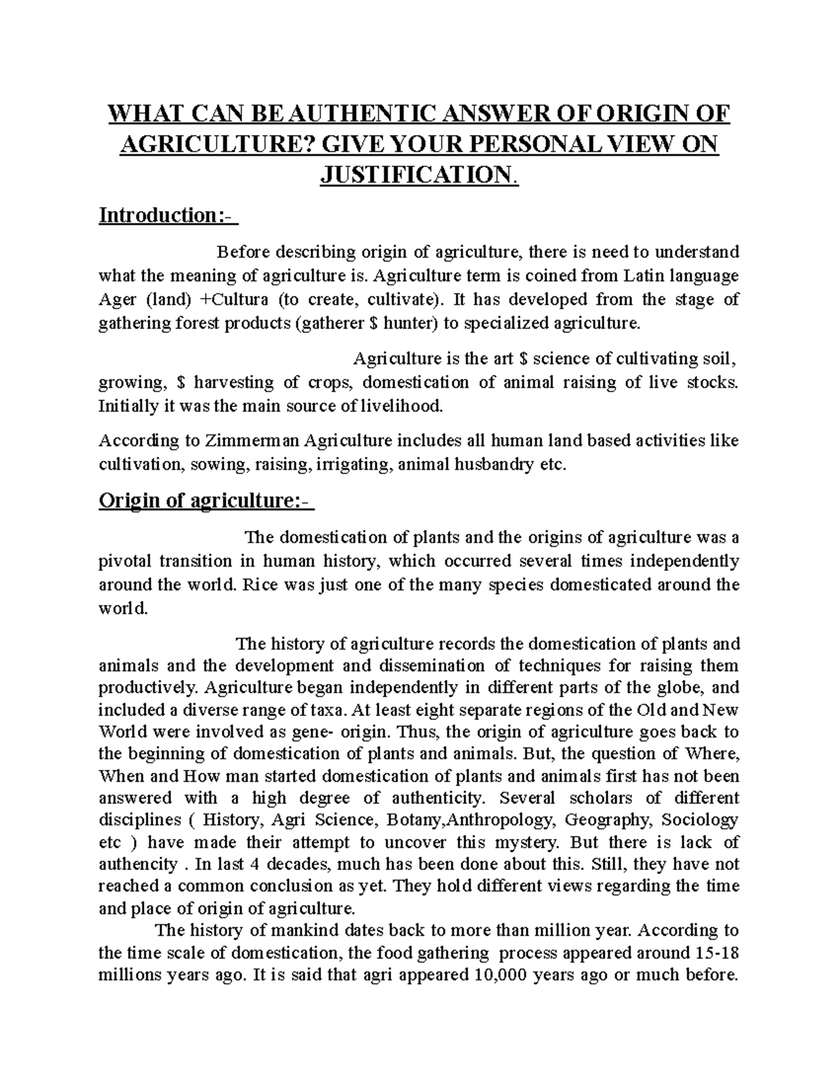 origin of agriculture essay