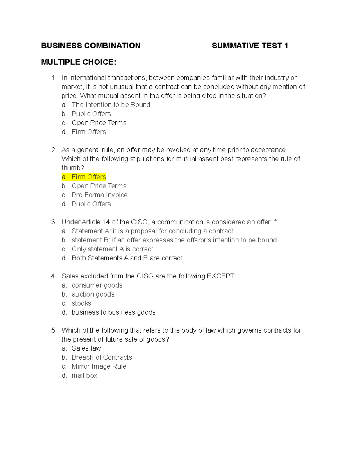 Business Combination Summative TEST 1 - BUSINESS COMBINATION SUMMATIVE ...