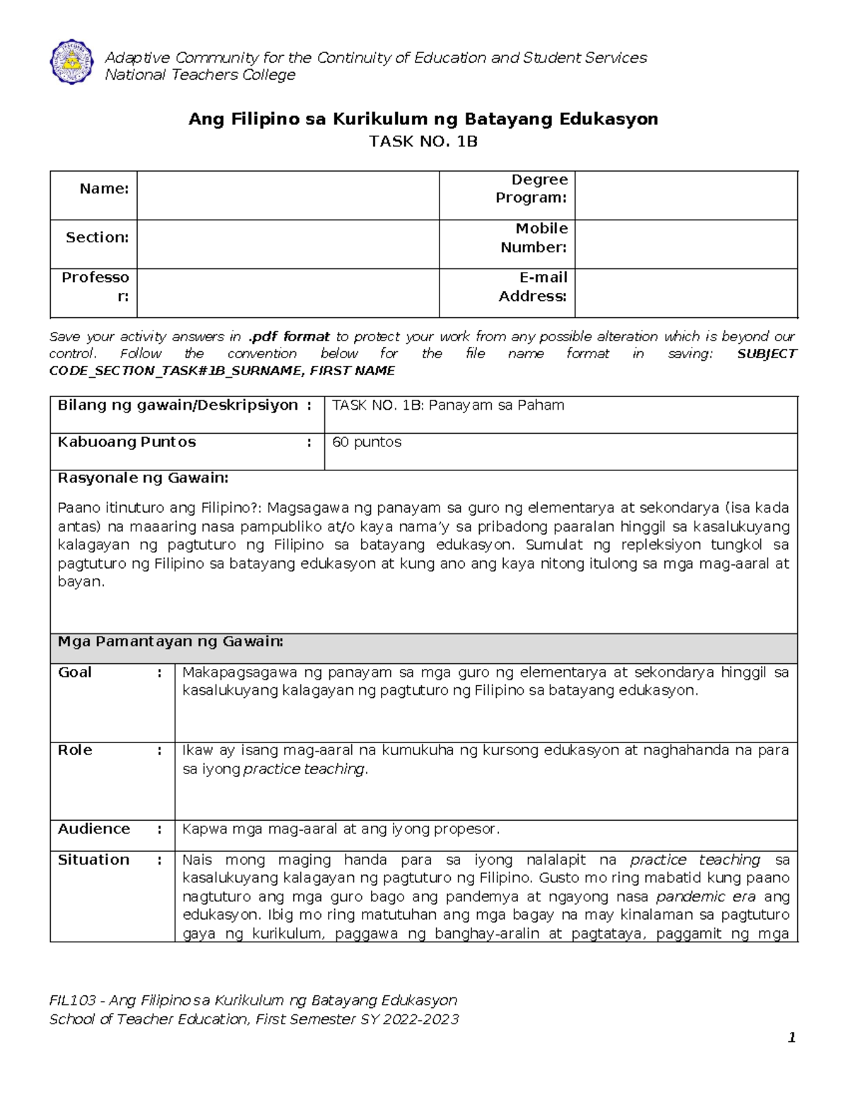 FIL103 Mafil Bridging Worksheet - TASK NO. 1B Pedutem Ethel B ...