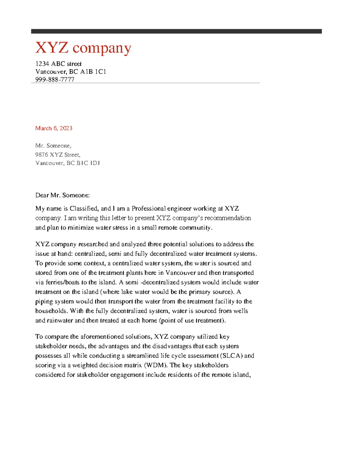 Letter of Transmittal - XYZ company 1234 ABC street Vancouver, BC A1B ...