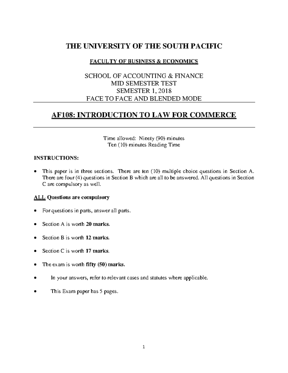 MSTAF 108 sample paper 1 THE UNIVERSITY OF THE SOUTH PACIFIC FACULTY