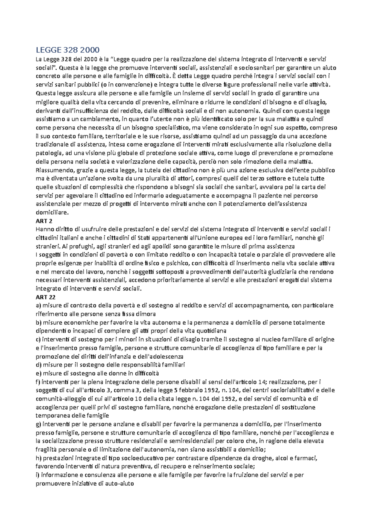 Legislazione sociale Riassunto LEGGE 328 2000