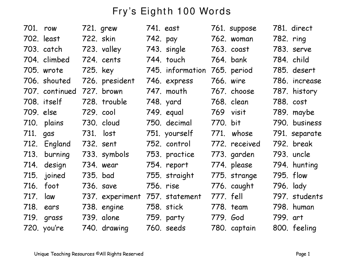 Frys-Eighth-100-Words - ####### Unique Teaching Resources ©All Rights ...