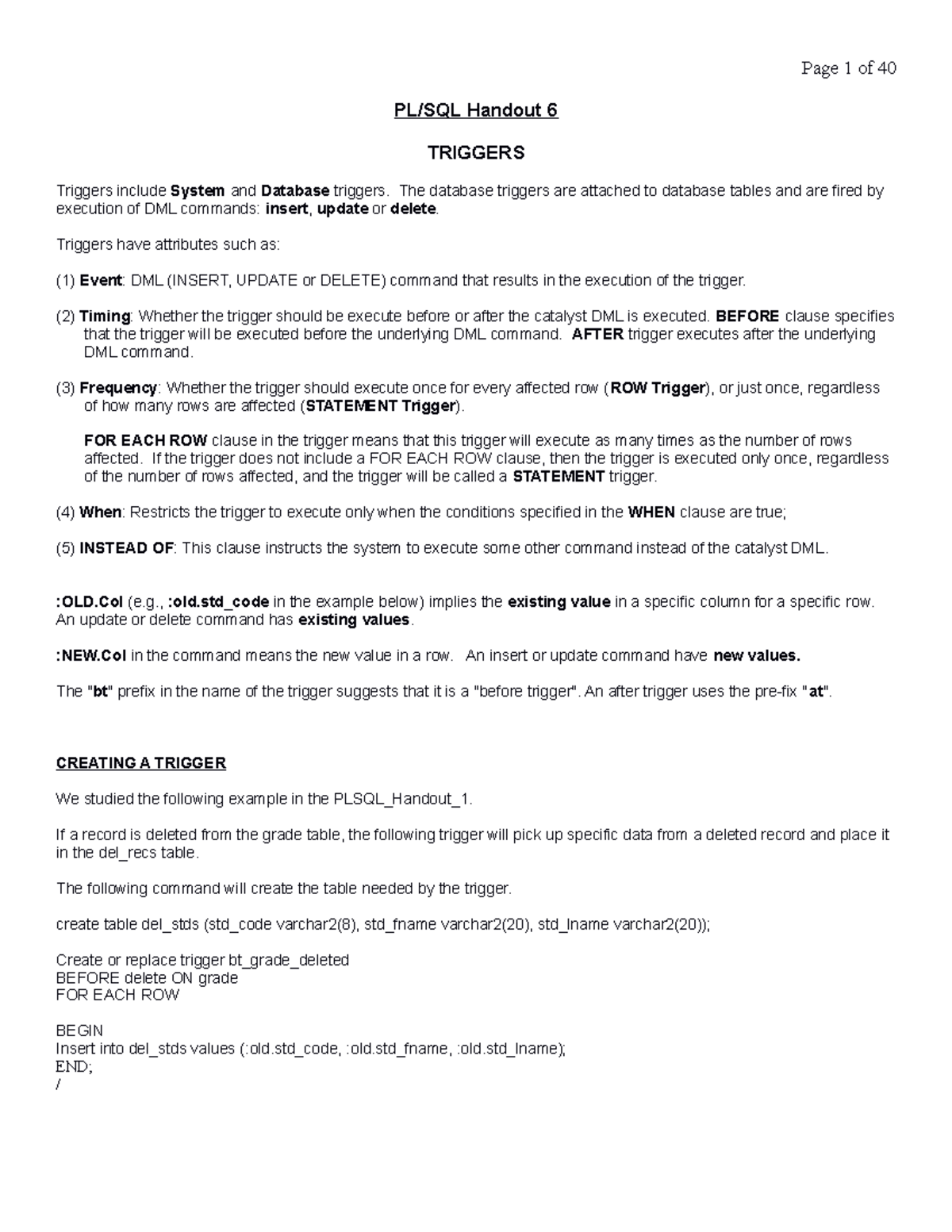 Plsql Handout 6 Plsql Handout 6 Triggers Triggers Include System And