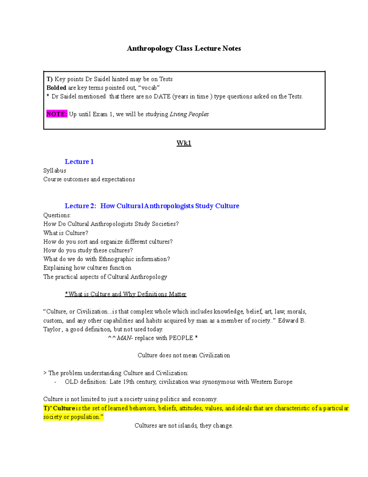 Anthnotes F 21 - review - Anthropology Class Lecture Notes T) Key ...