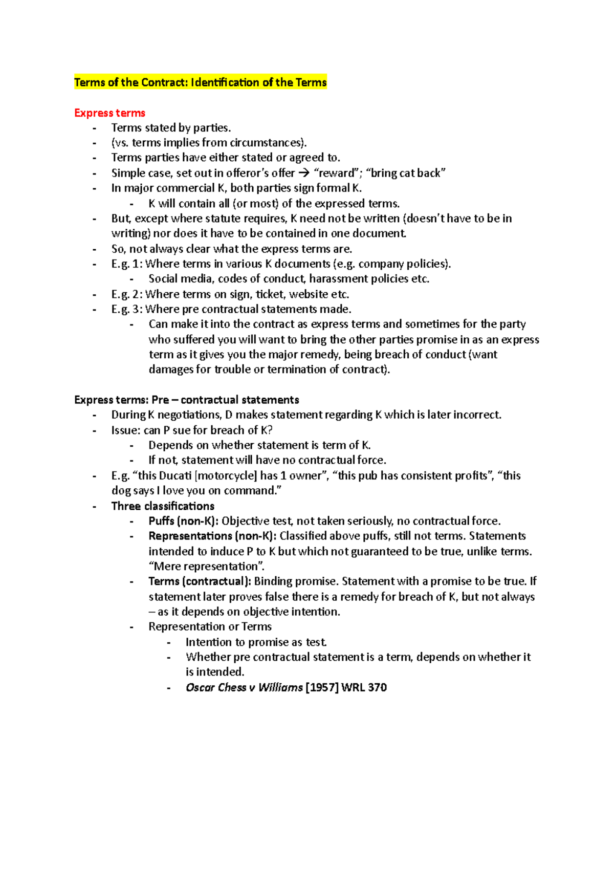 Week 6 - Lecture 6 notes - Terms of the Contract: Identification of the ...
