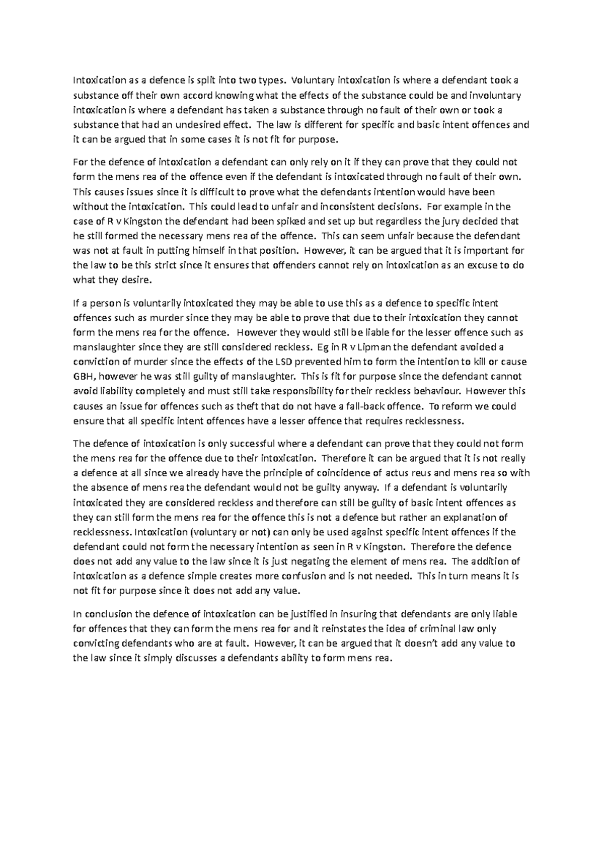 Intoxication evaluation 1 - Intoxication as a defence is split into two ...