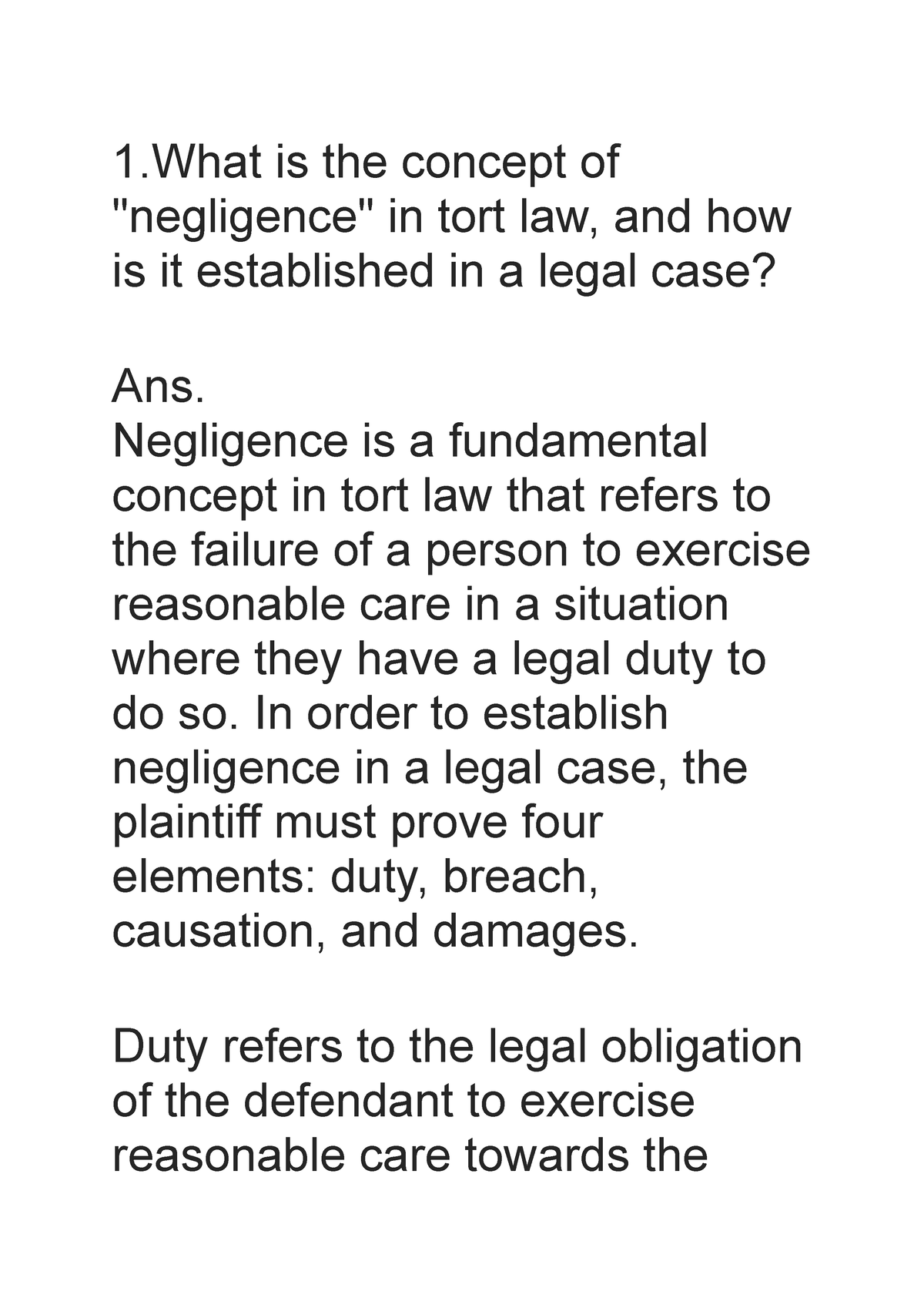 Law Of Torts - Model Question Bank - 1 Is The Concept Of "negligence ...