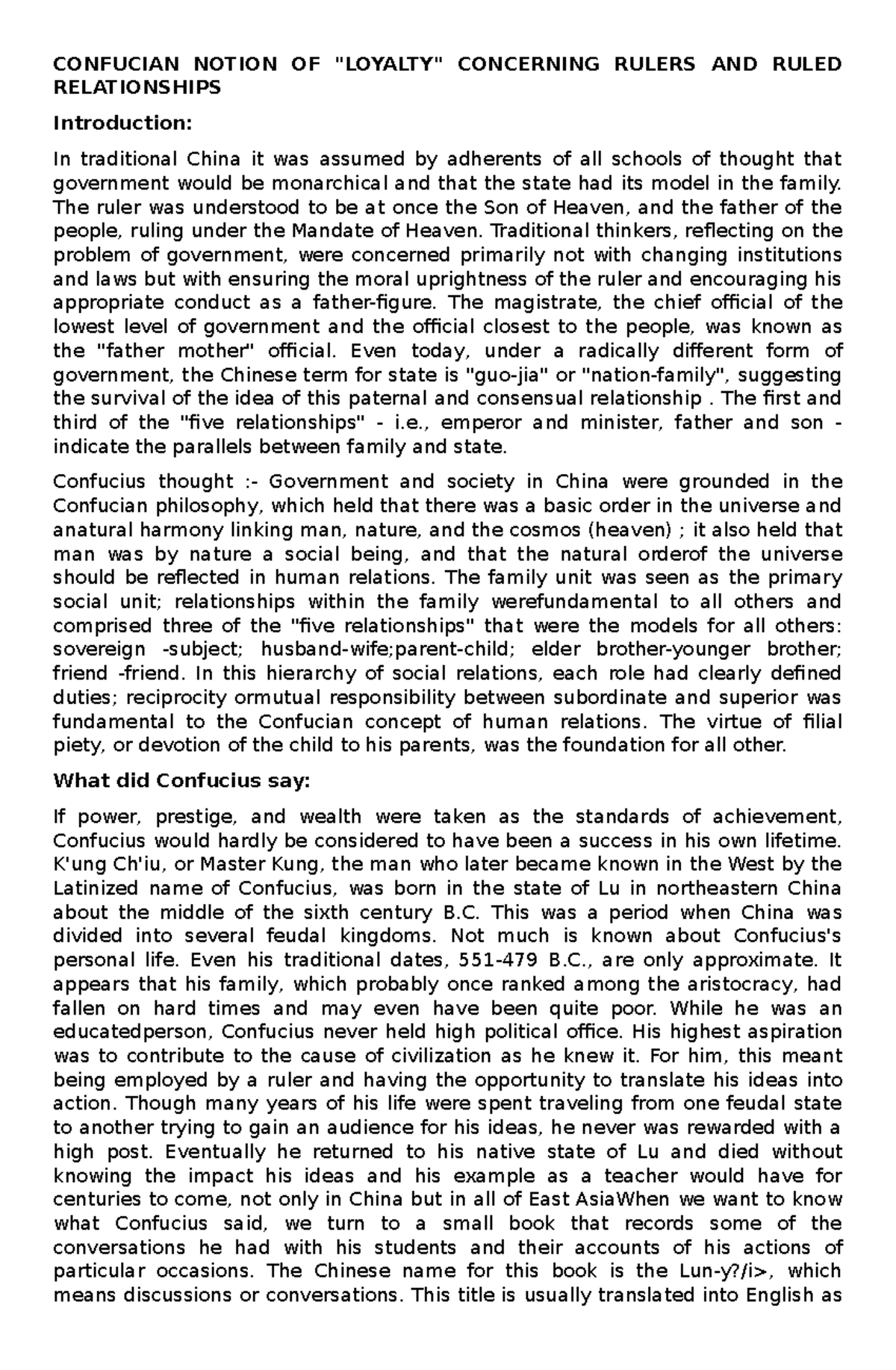 Confucian notion of loyalty concerning rulers and ruled relationships
