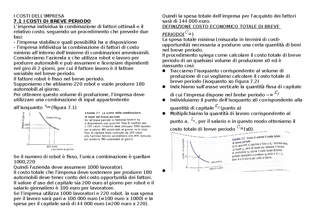 Capitolo 7 Riassunto - I COSTI DELL'IMPRESA - I COSTI DELL’IMPRESA 7 I ...