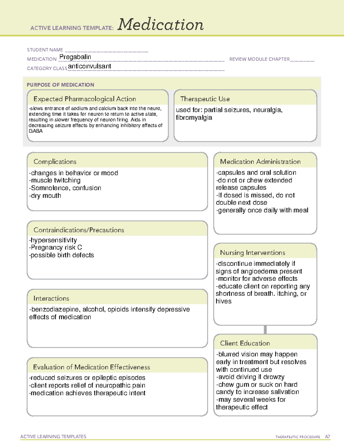 medication Pregabalin ACTIVE LEARNING TEMPLATES THERAPEUTIC PROCEDURE
