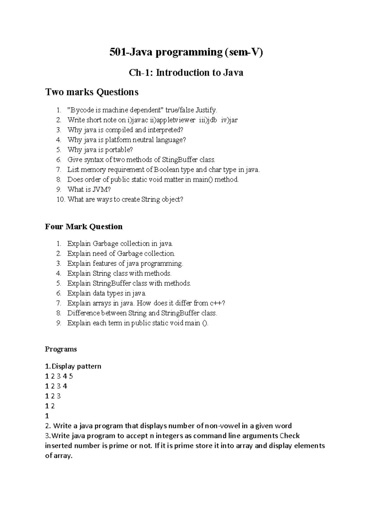 501-Java Imp Uni Question Bank - 501-Java programming (sem-V) Ch-1 ...