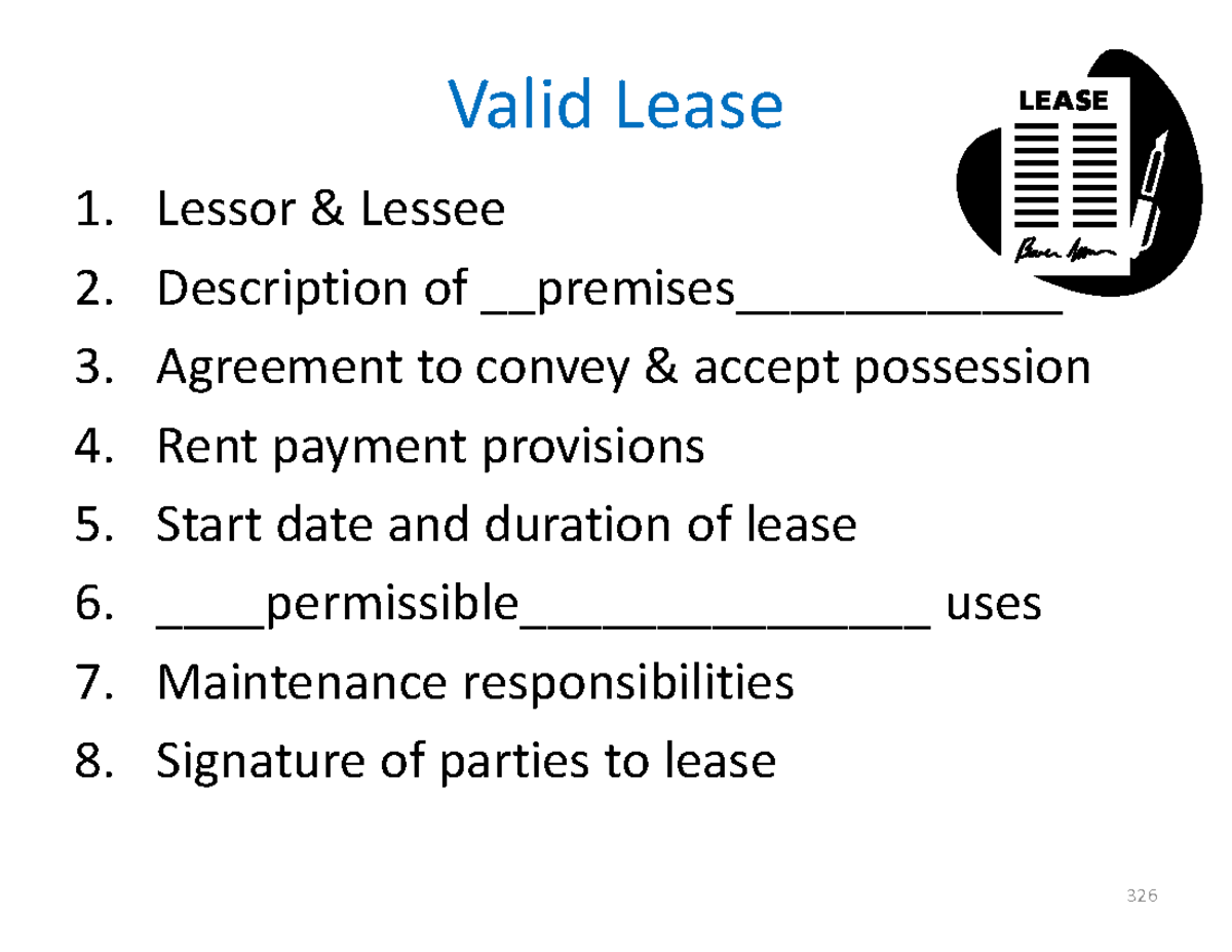 Real Estate 28 Valid Lease 1. Lessor & Lessee 2. Description of