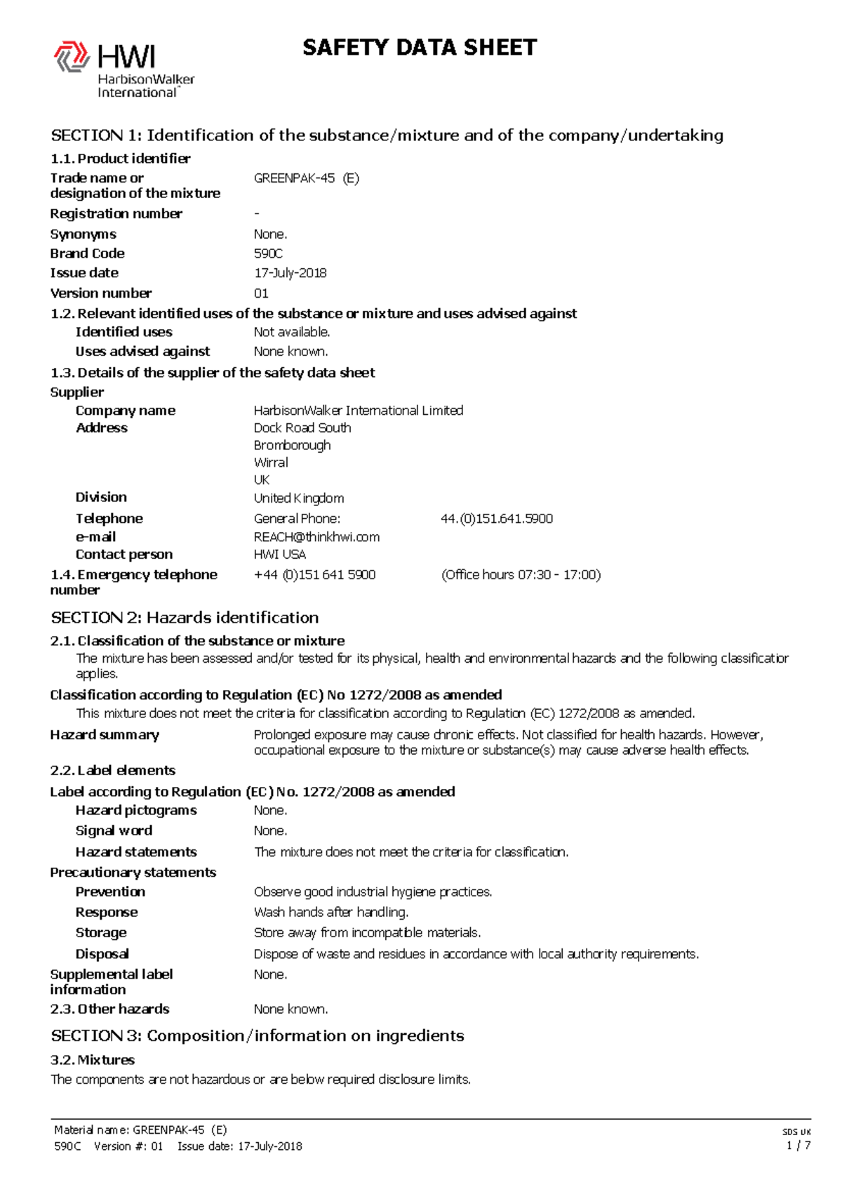 590C- Greenpak-45 (E) (UK) - SAFETY DATA SHEET SECTION 1 ...