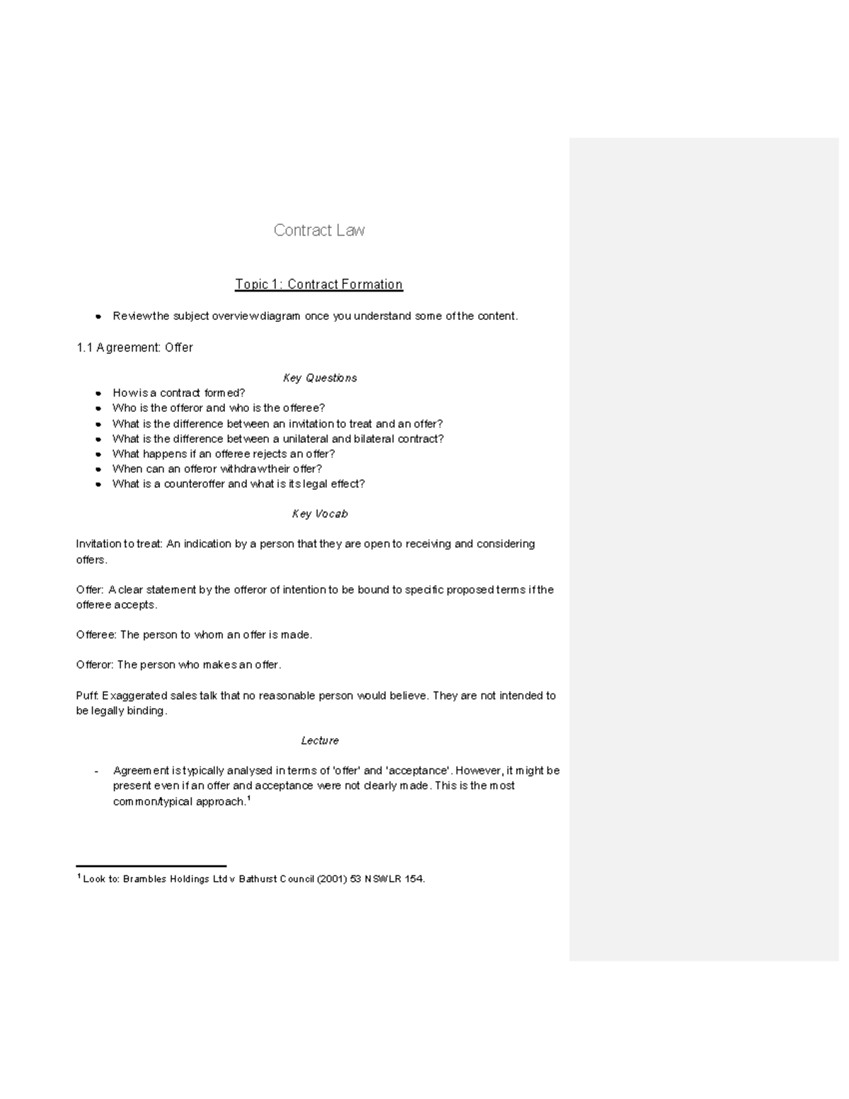 70211 - Topic 1 Notes - Contract Law Topic 1: Contract Formation Review ...