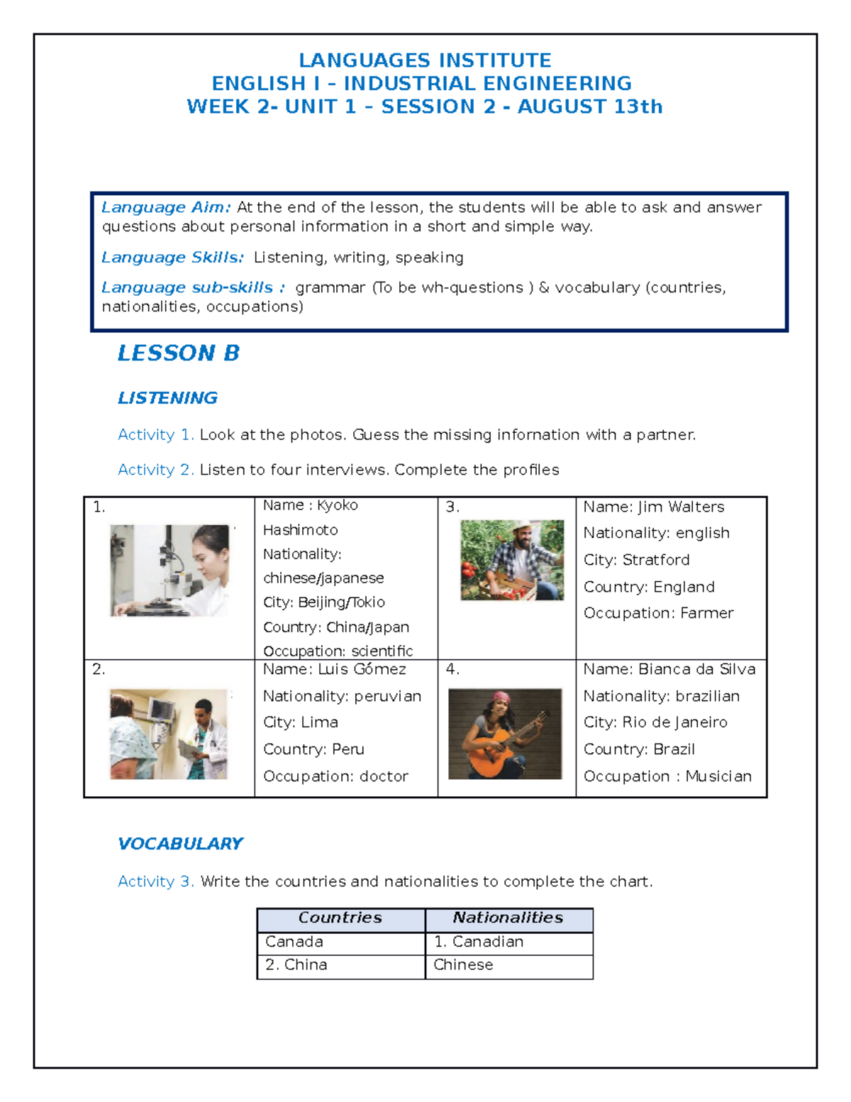 Unit 1 - Lesson B Ejercicios De Practica - LANGUAGES INSTITUTE ENGLISH ...