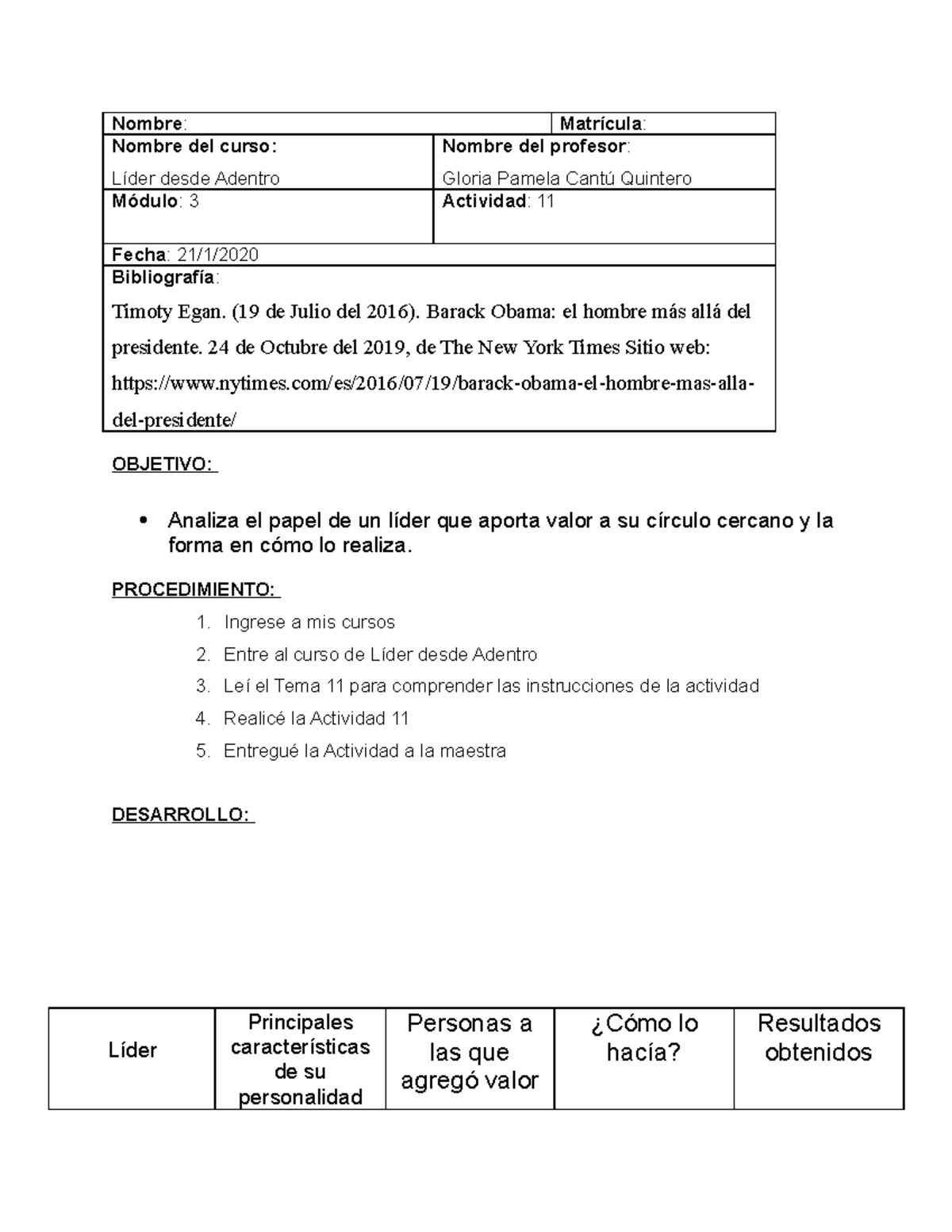 Actividad 11.- Lider desde Adentro - Nombre: Matrícula: Nombre del ...