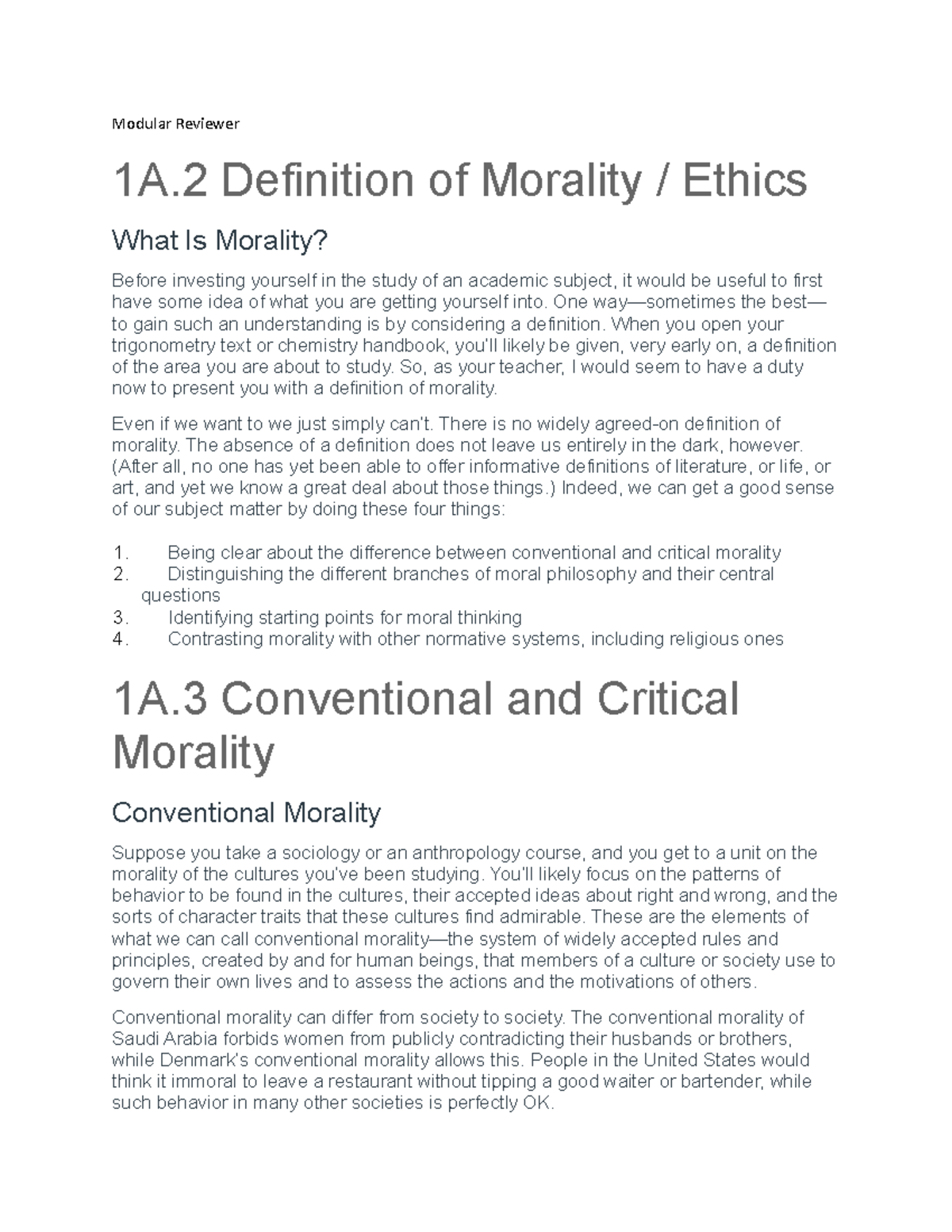 Modular Reviewer Complete - Modular Reviewer 1A Definition of Morality ...