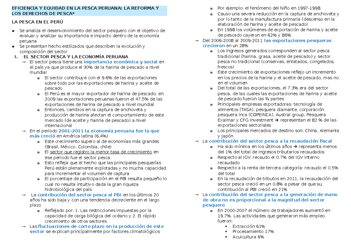 Resumen De Las Lecturas Del Primer Control De Lectura Eficiencia Y Equidad En La Pesca Peruana