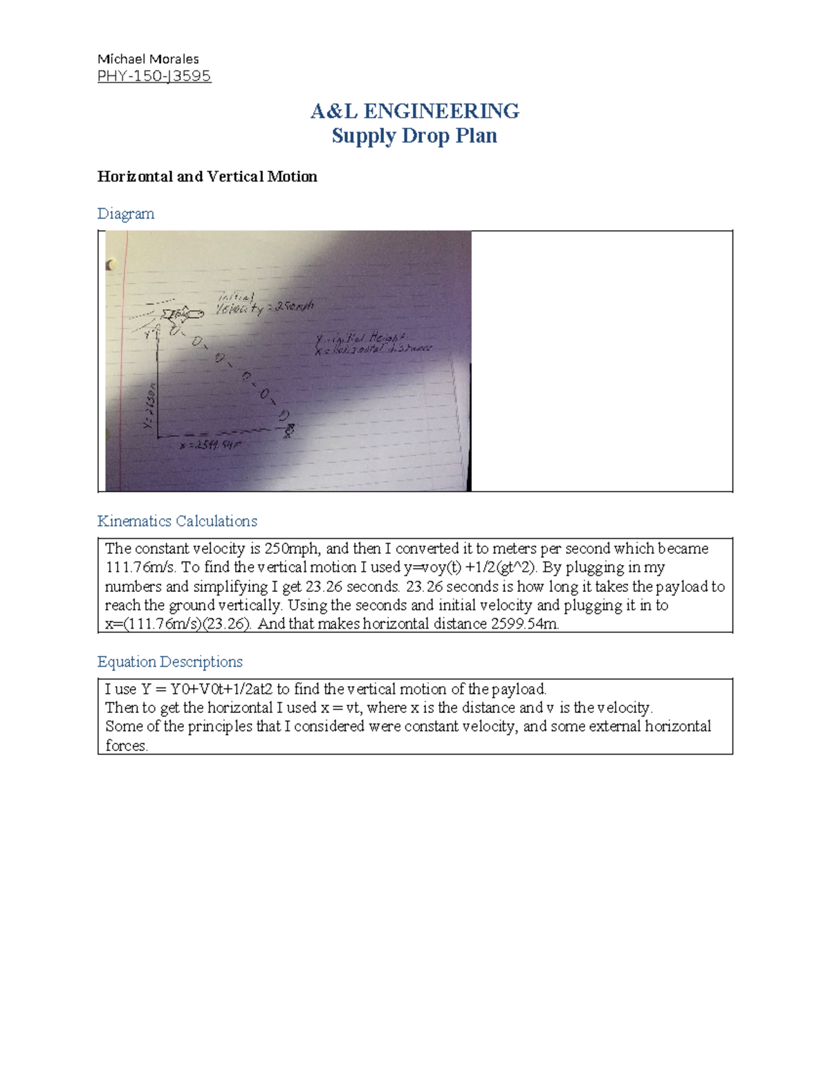 PHY 150 Project One Supply Drop Plan - PHY-150-J A&L ENGINEERING Supply ...