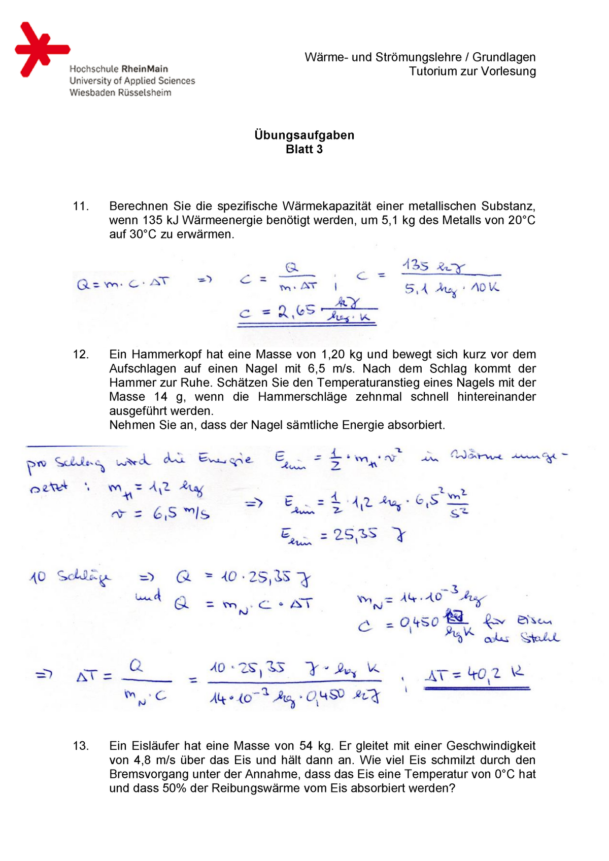 Wsg Bungen Blatt Lsungen W Rme Und Str Mungslehre Grundlagen Tutorium Zur Vorlesung