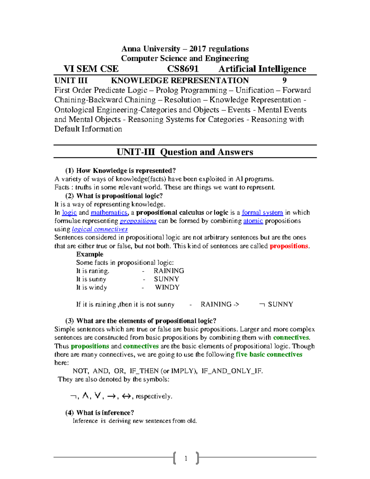 UNIT 3 QNS summary Anna University 2017 regulations Computer Science and Engineering VI