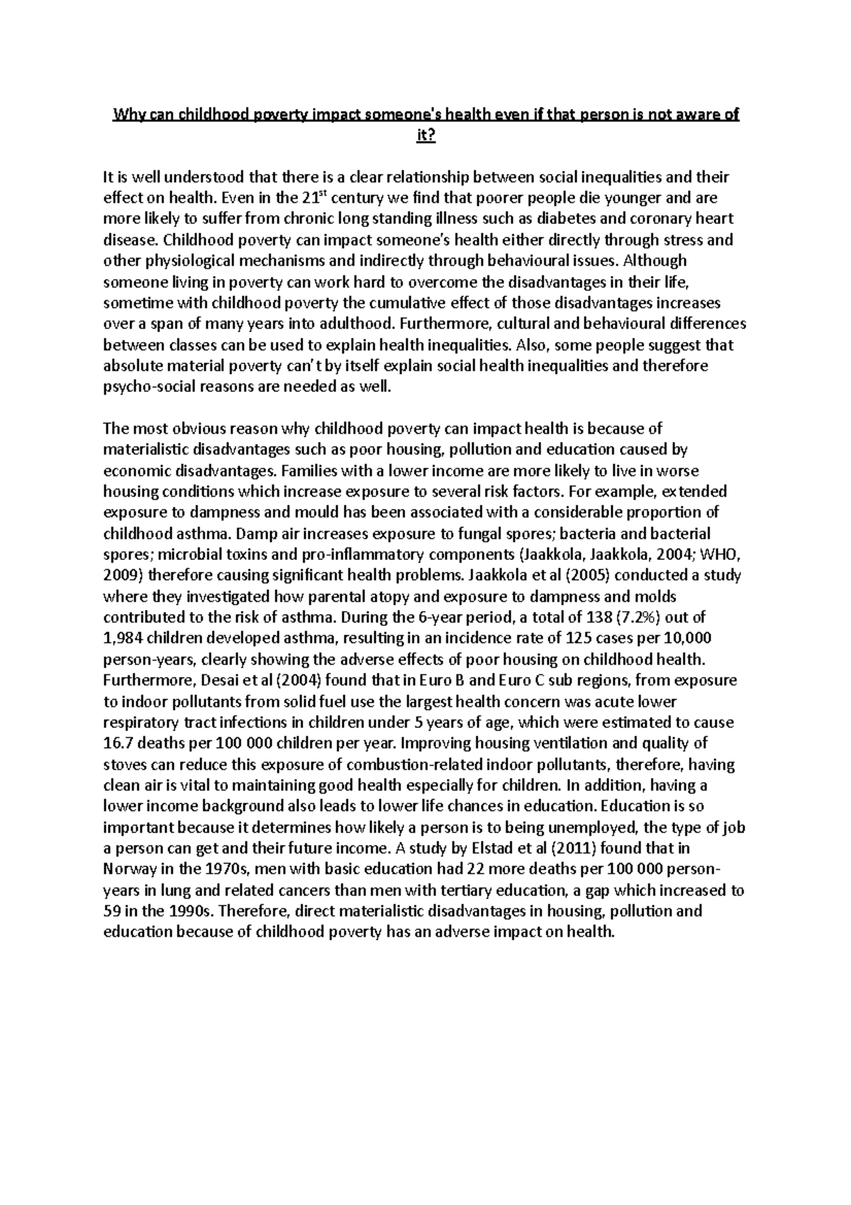 SCHI Essay - Why childhood poverty can impact health - 1 - Wh y can ...