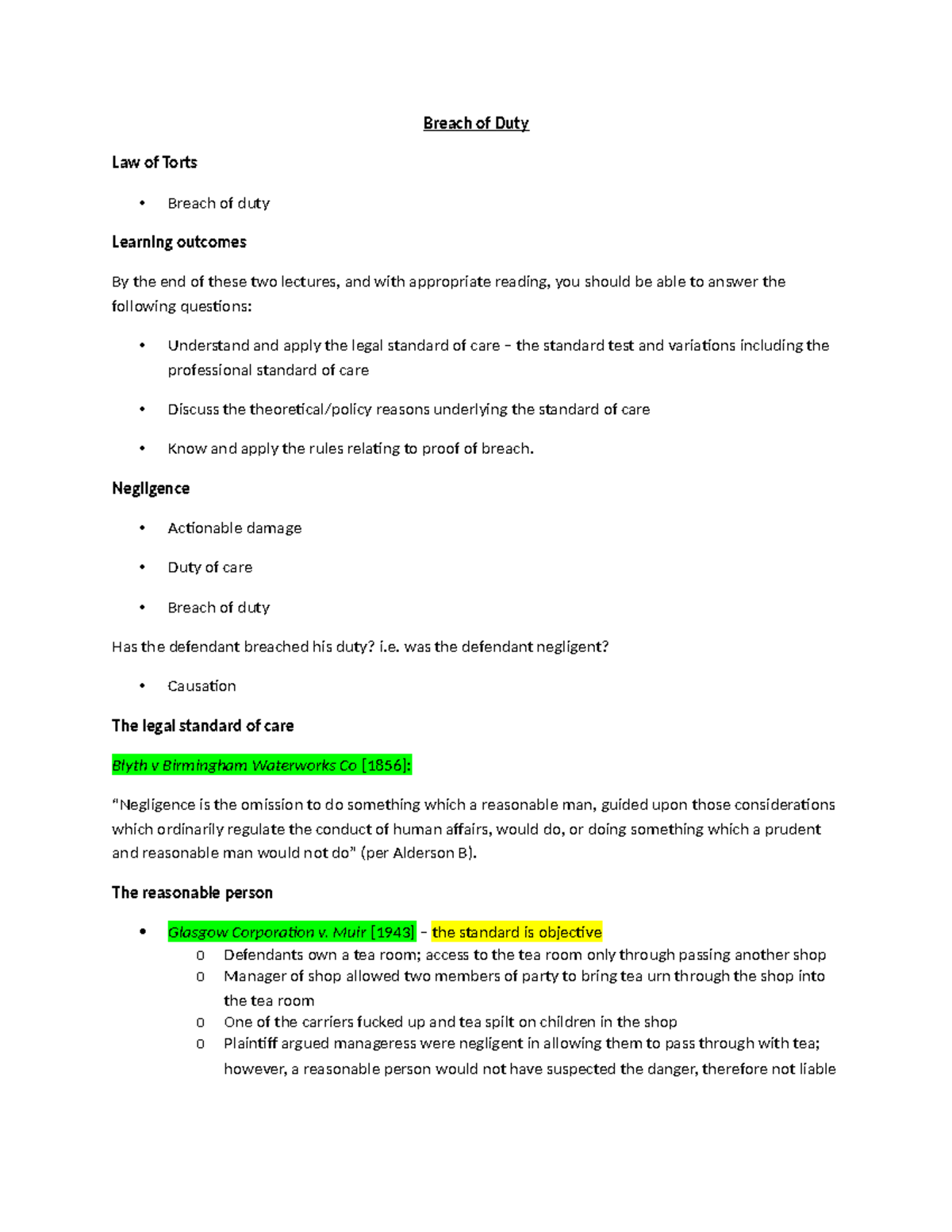 LW2130 Contract Lecture Notes - Full Notes - Breach of Duty Law of ...
