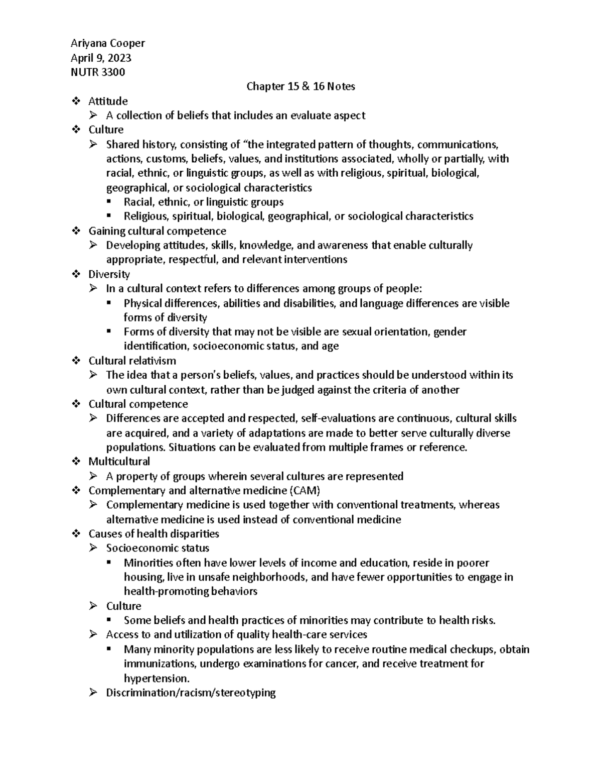 Chapter 15 and 16 Notes - Ariyana Cooper April 9, 2023 NUTR 3300 ...