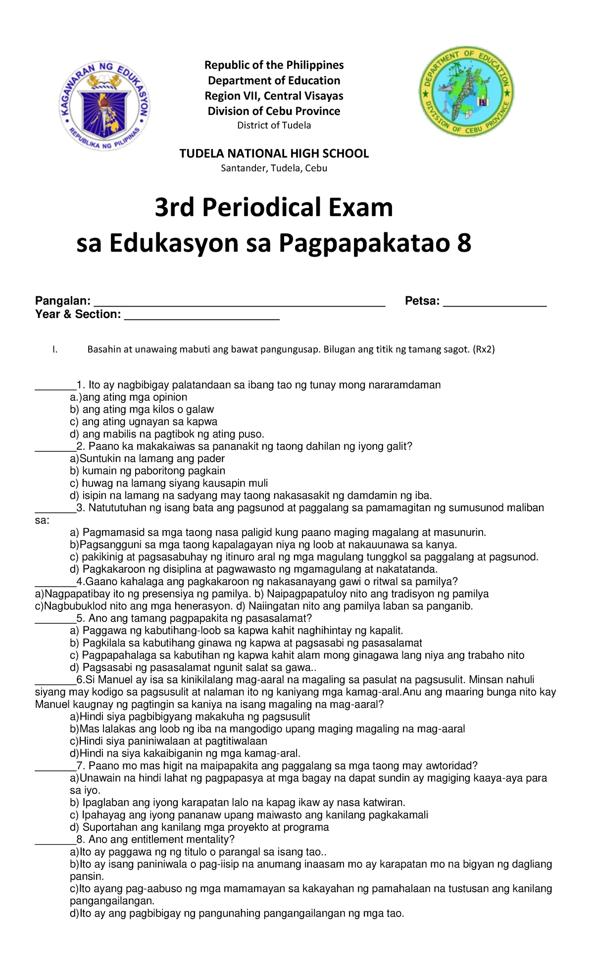 Scribd Periodical Third Quarter In Esp 8 Republic Of The Philippines Department Of Education 9422