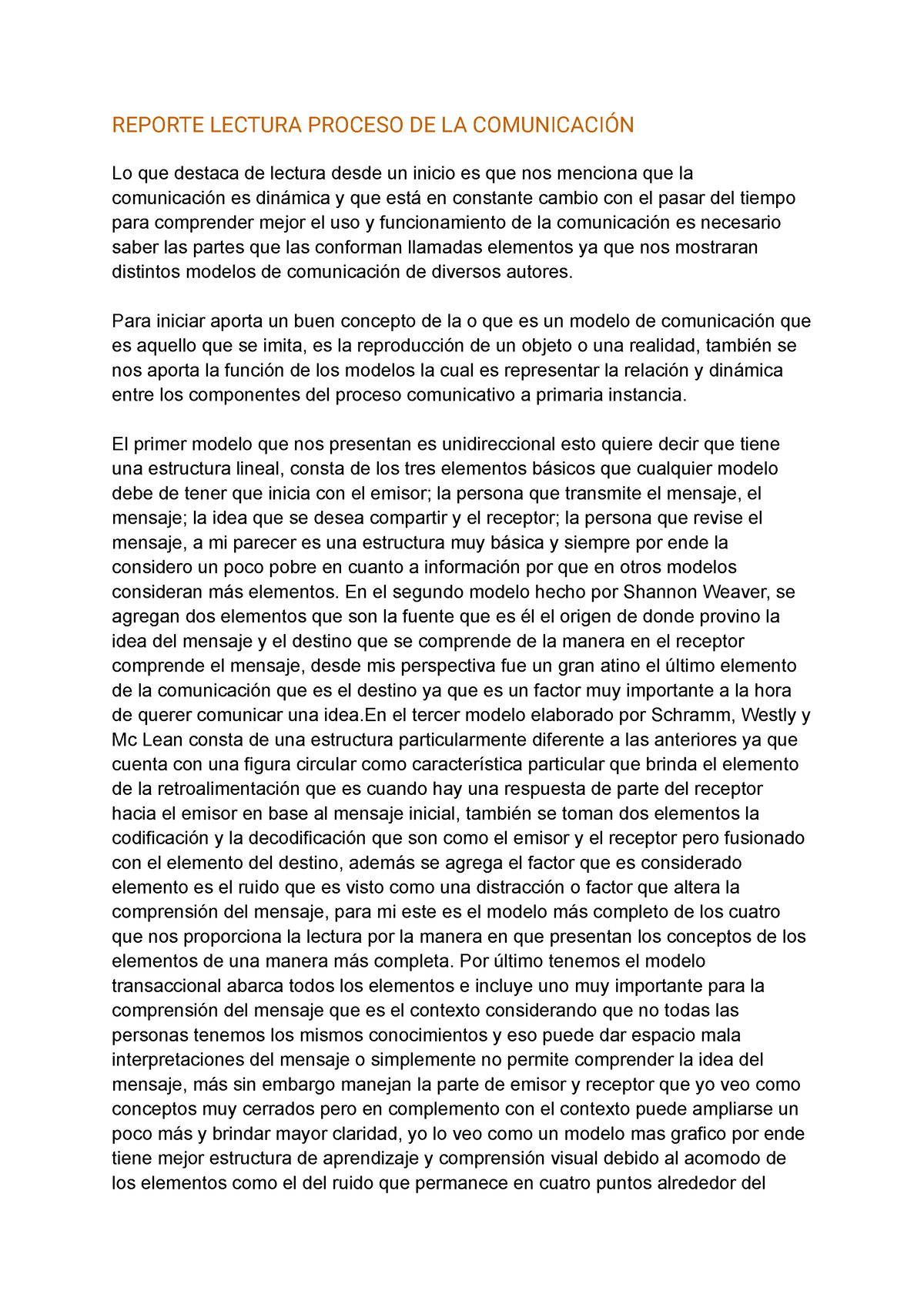 Reporte De Lectura Comunicacion - REPORTE LECTURA PROCESO DE LA ...