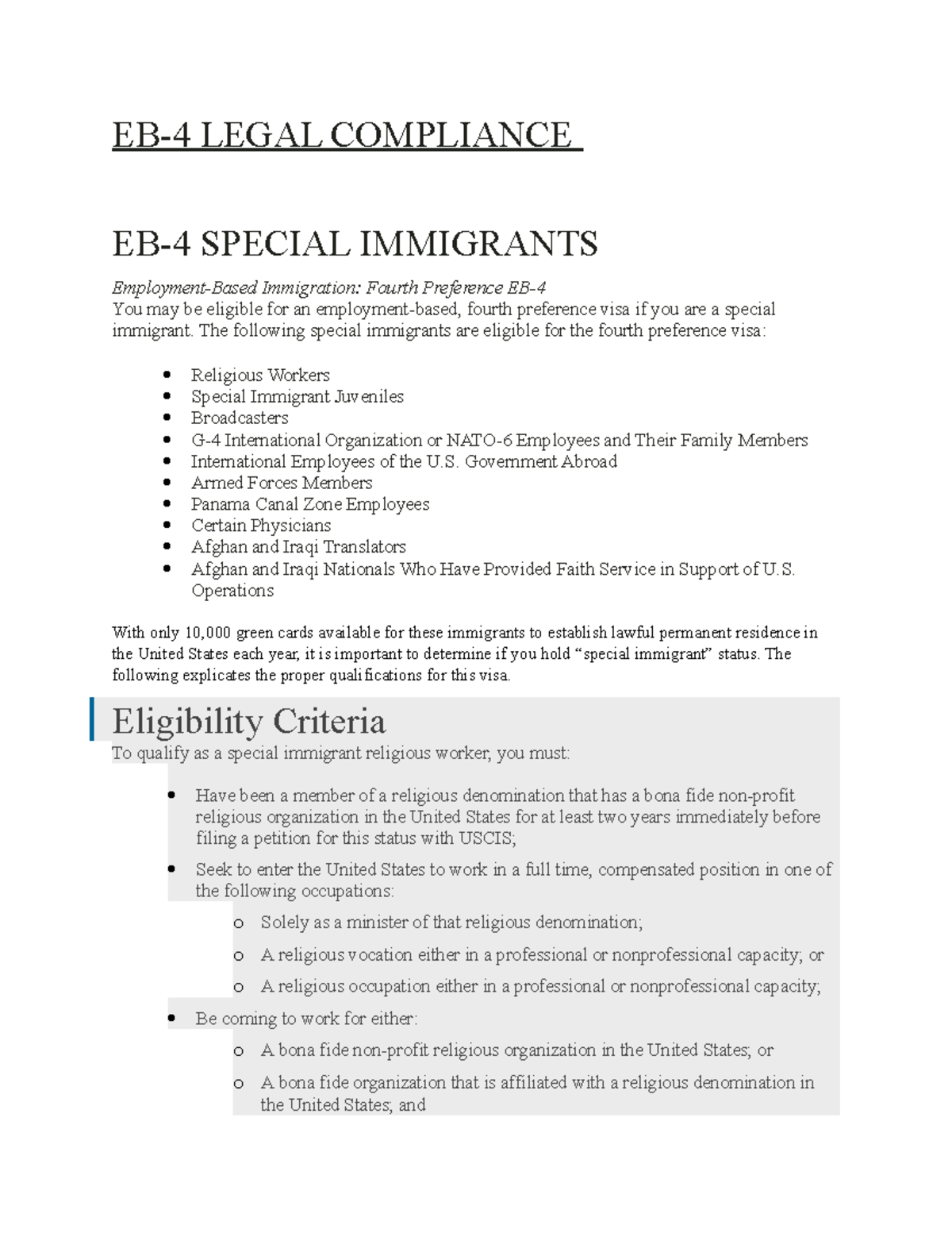 EB-4 Legal Compliance - EB-4 LEGAL COMPLIANCE EB-4 SPECIAL IMMIGRANTS ...