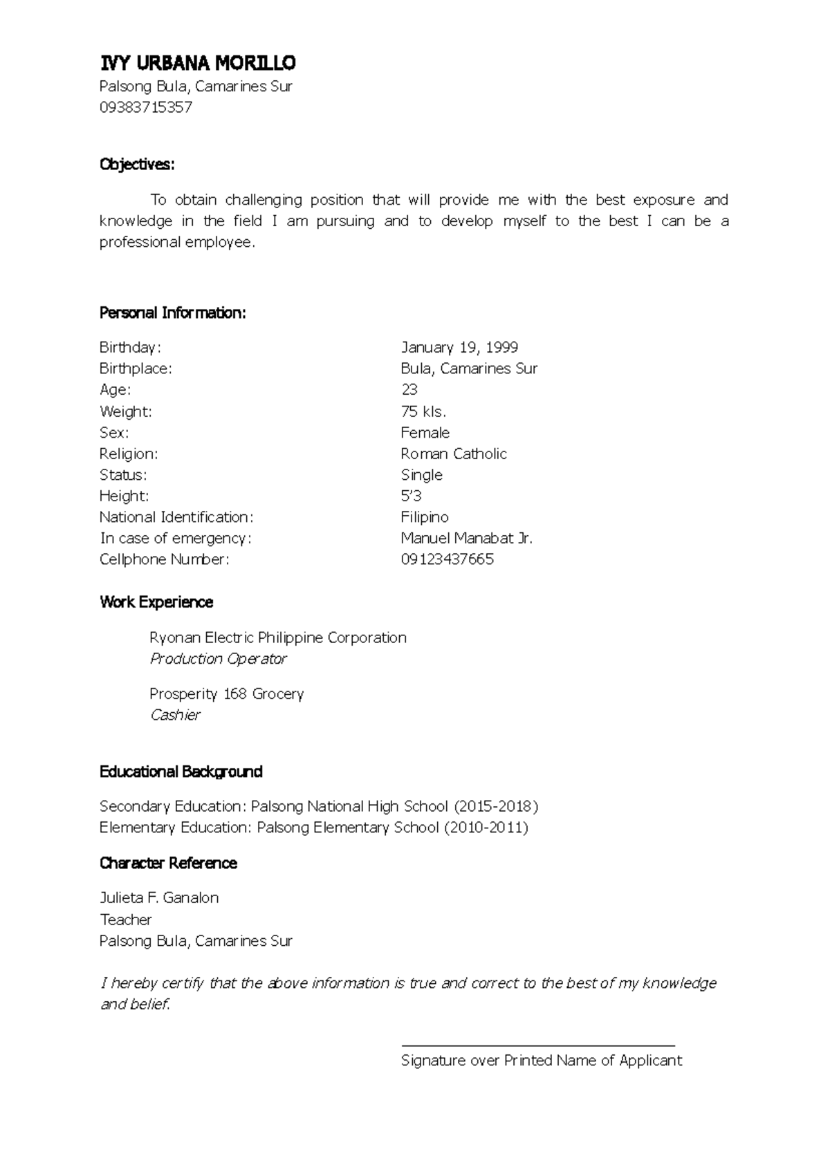 Sample Resume For Work Ivy Urbana Morillo Palsong Bula Camarines Sur