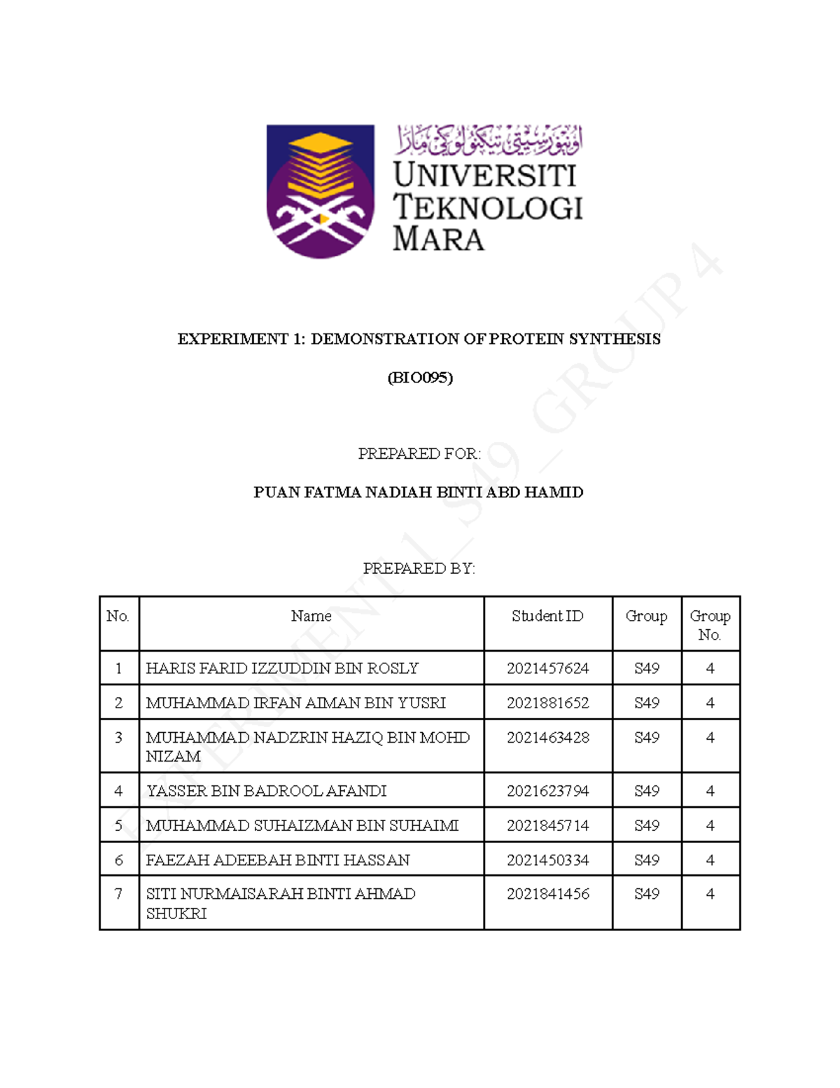 Lab Report Experiment 1 (demonstration Of Protein Synthesis) BIO095 ...