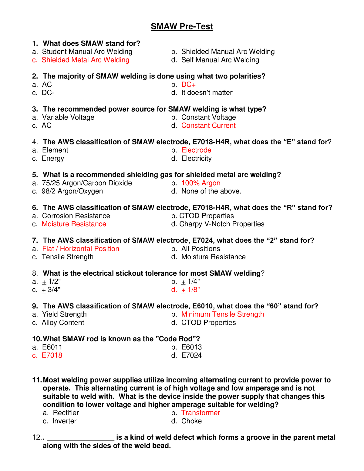 SMAW Pre - SMAW Pretest - SMAW Pre-Test What Does SMAW Stand For? A ...