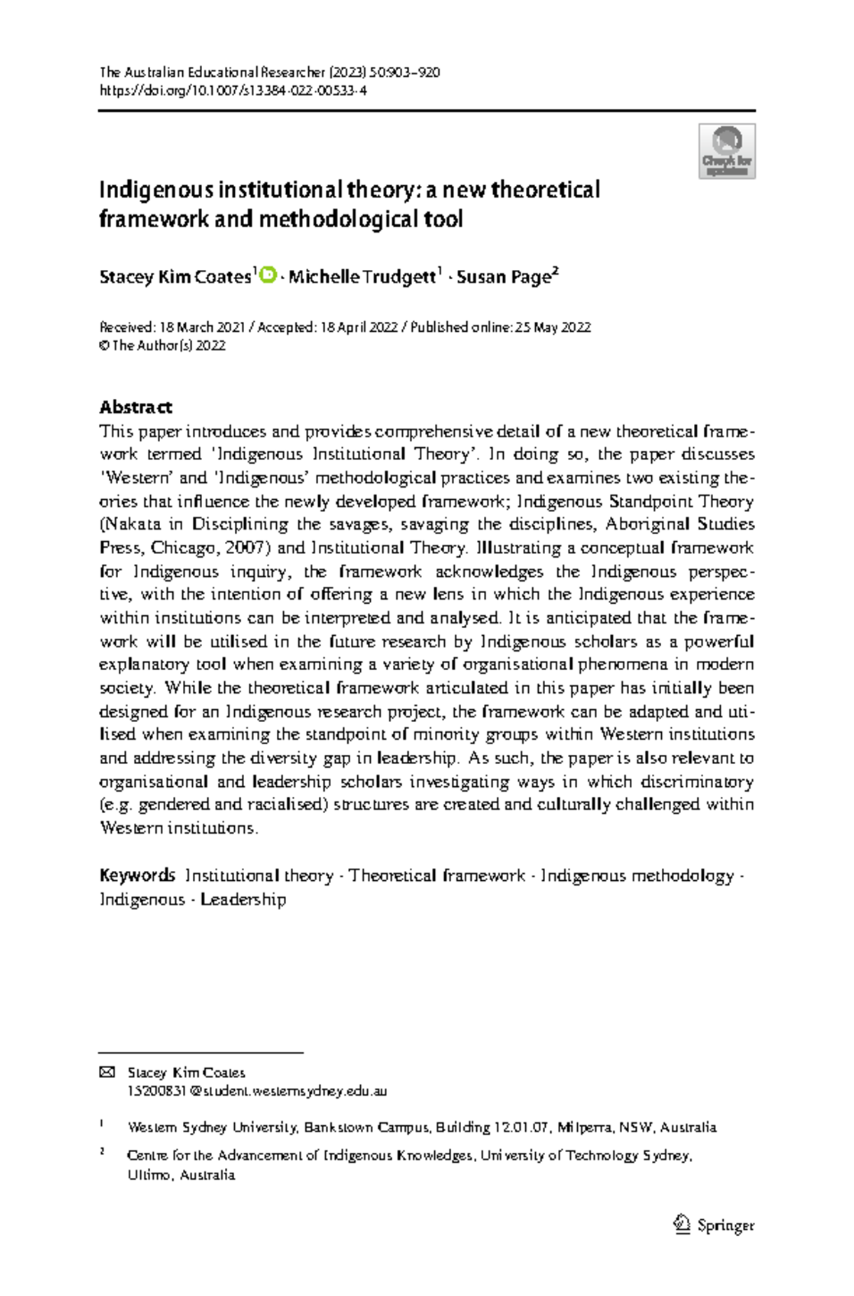 Indigenous institutional theory a new theoretical framework and ...