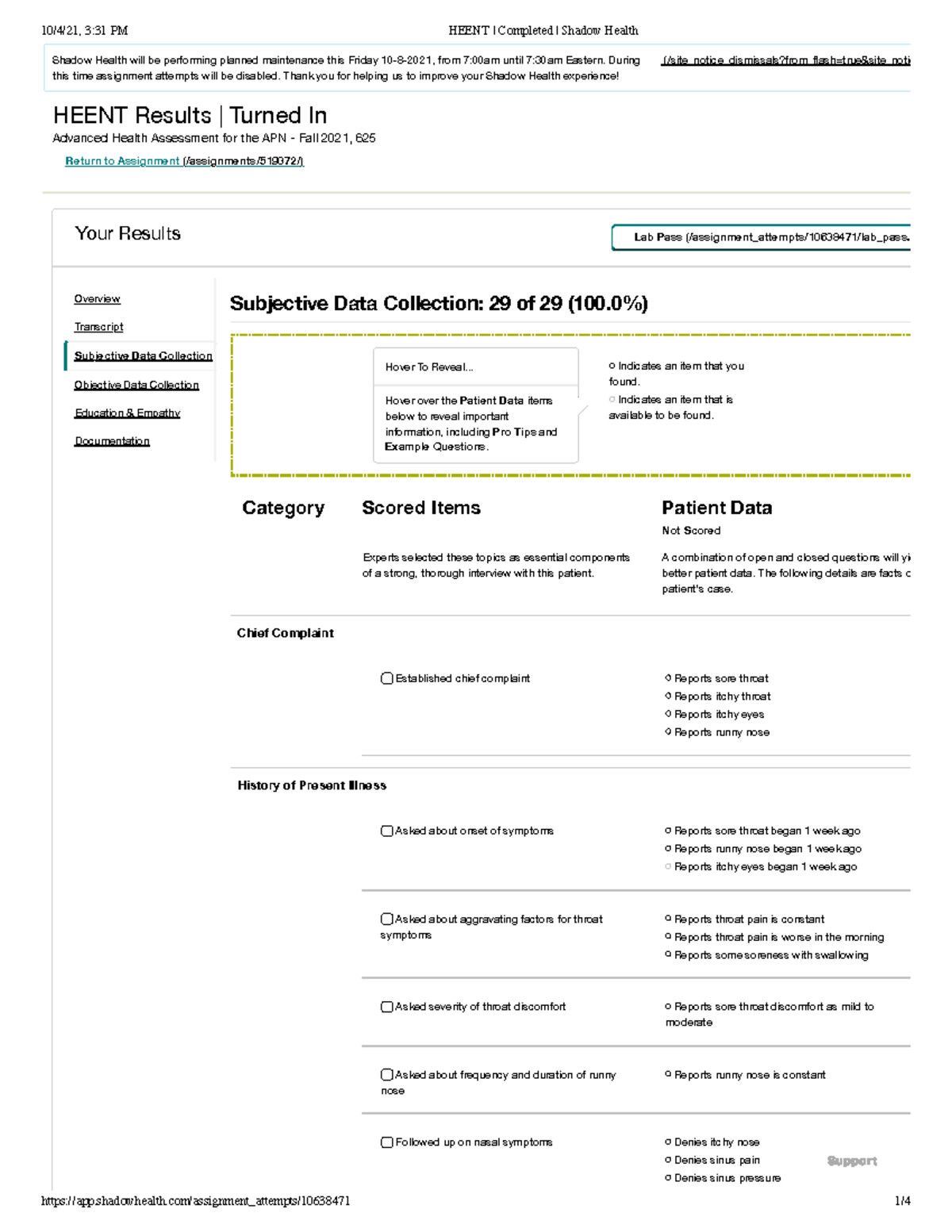 Heent Subjective Shadow Health - HEENT Results | Turned In Advanced ...