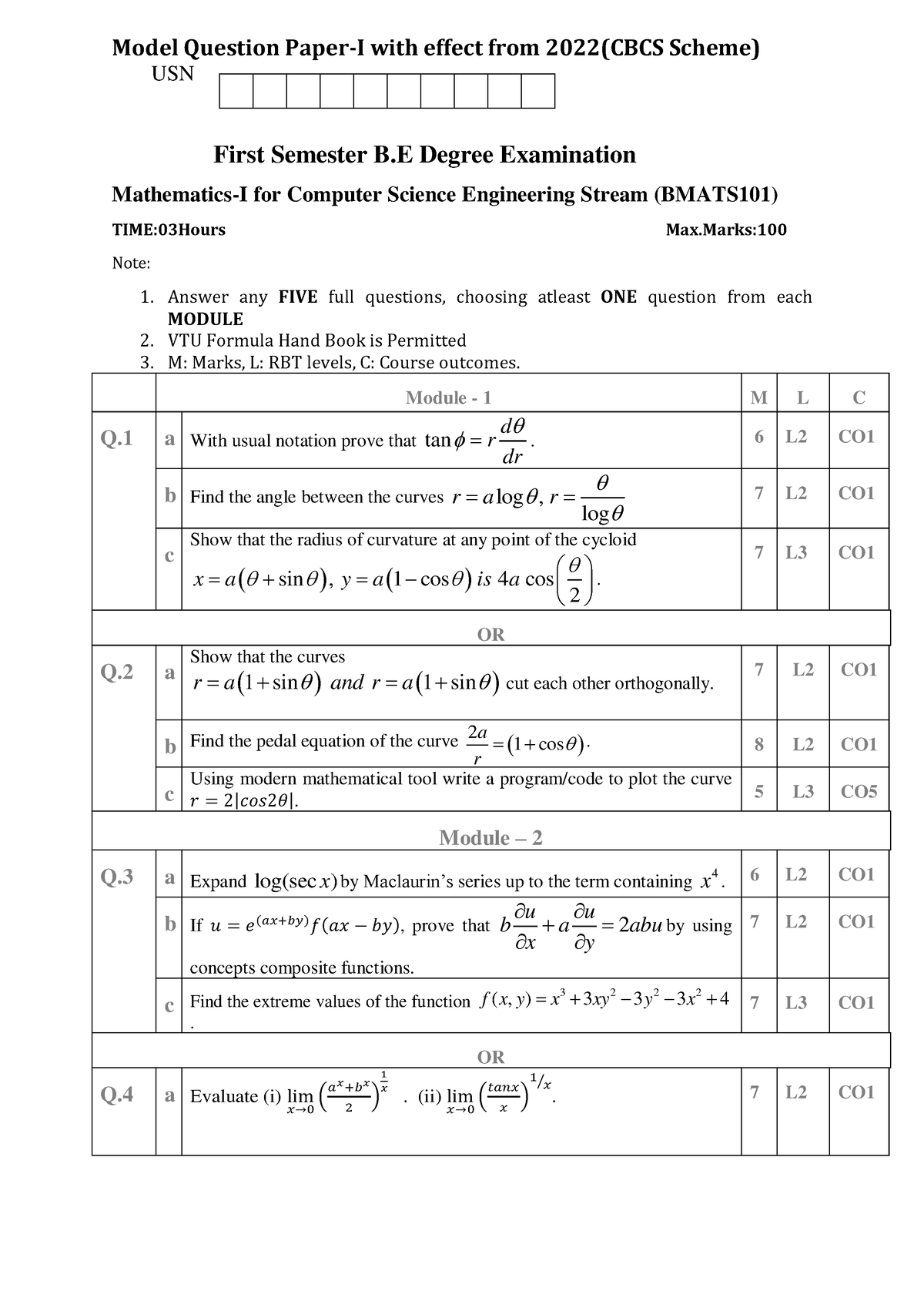 BMATS101 - ####### Model Question Paper-I With Effect From 2022(CBCS ...