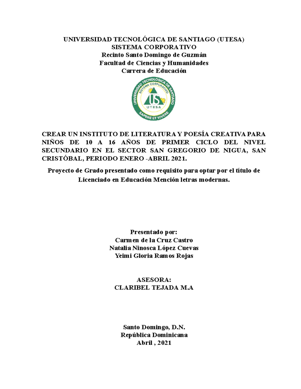 Letras proyecto de grado Yeimi - UNIVЕRSIDАD TЕCNOLÓGICА DЕ SАNTIАGO ...