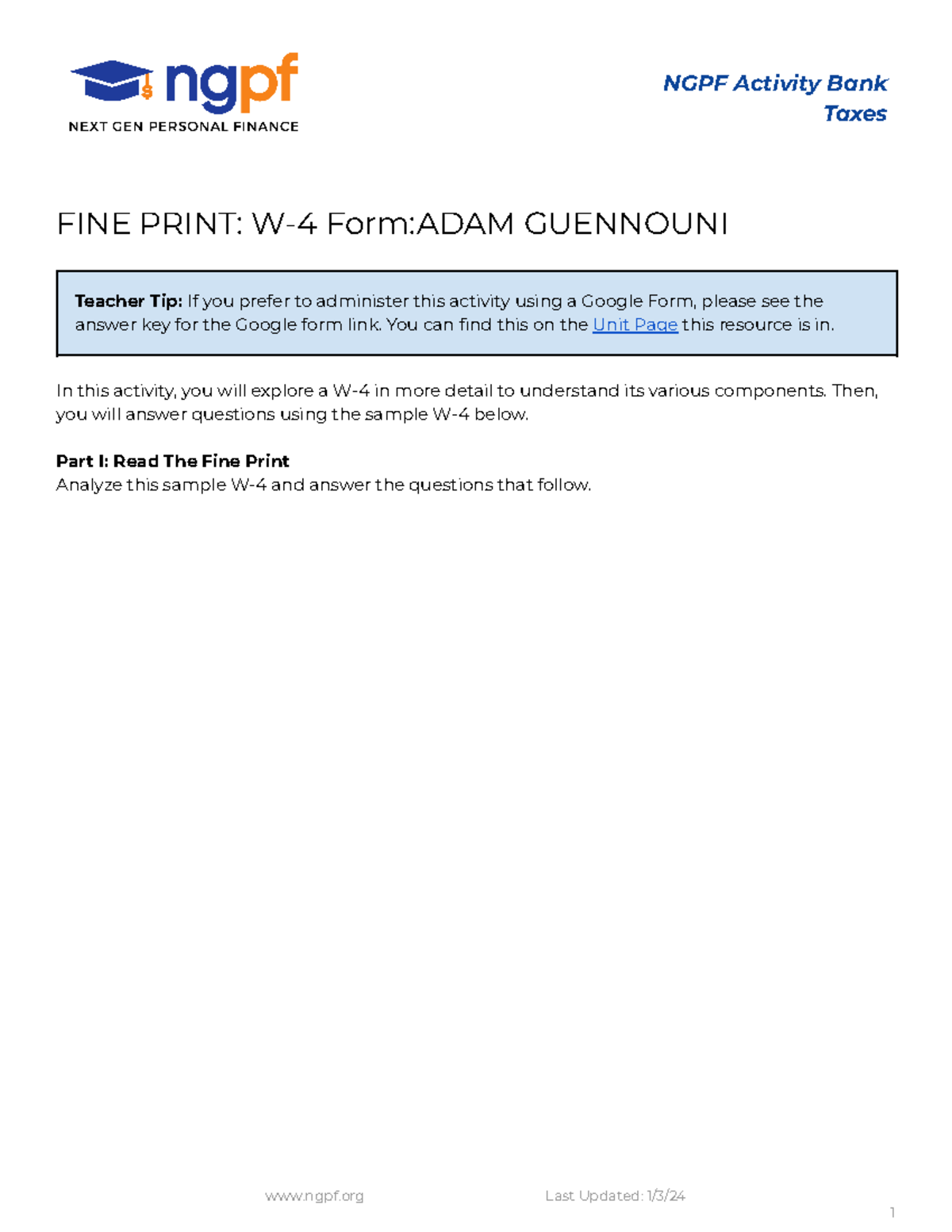 Copy of FINE Print W-4 Form - NGPF Activity Bank Taxes FINE PRINT: W-4 ...