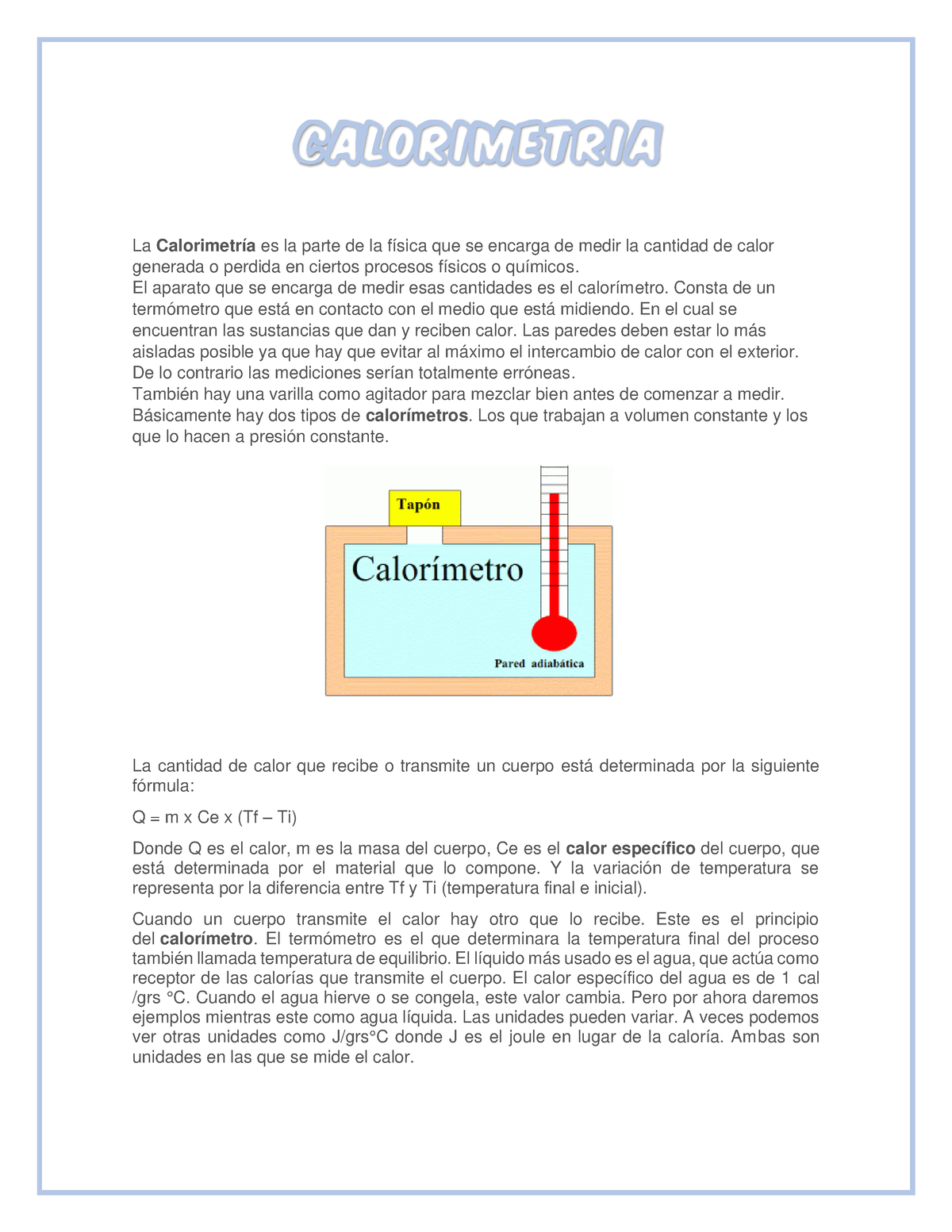 Calorimetría - Física - CALORIMETRÍA La Calorimetría Es La Parte De La ...