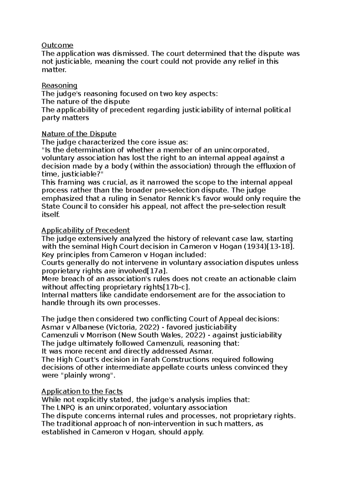 Notes for rennick v riley - Outcome The application was dismissed. The ...