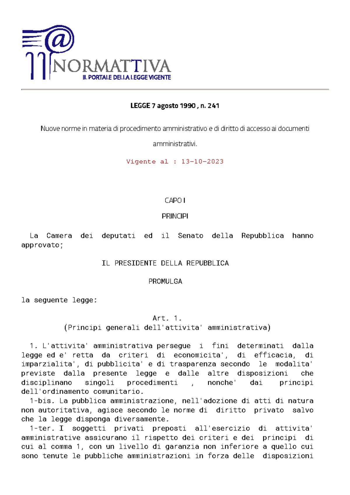 Legge 241 1990 - articolo utile per l'esame - LEGGE 7 agosto 1990 , n ...