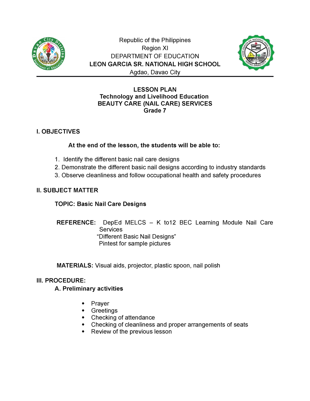 4As Lesson Plan for TLE 78 - Technology and Livelihood Education - Studocu