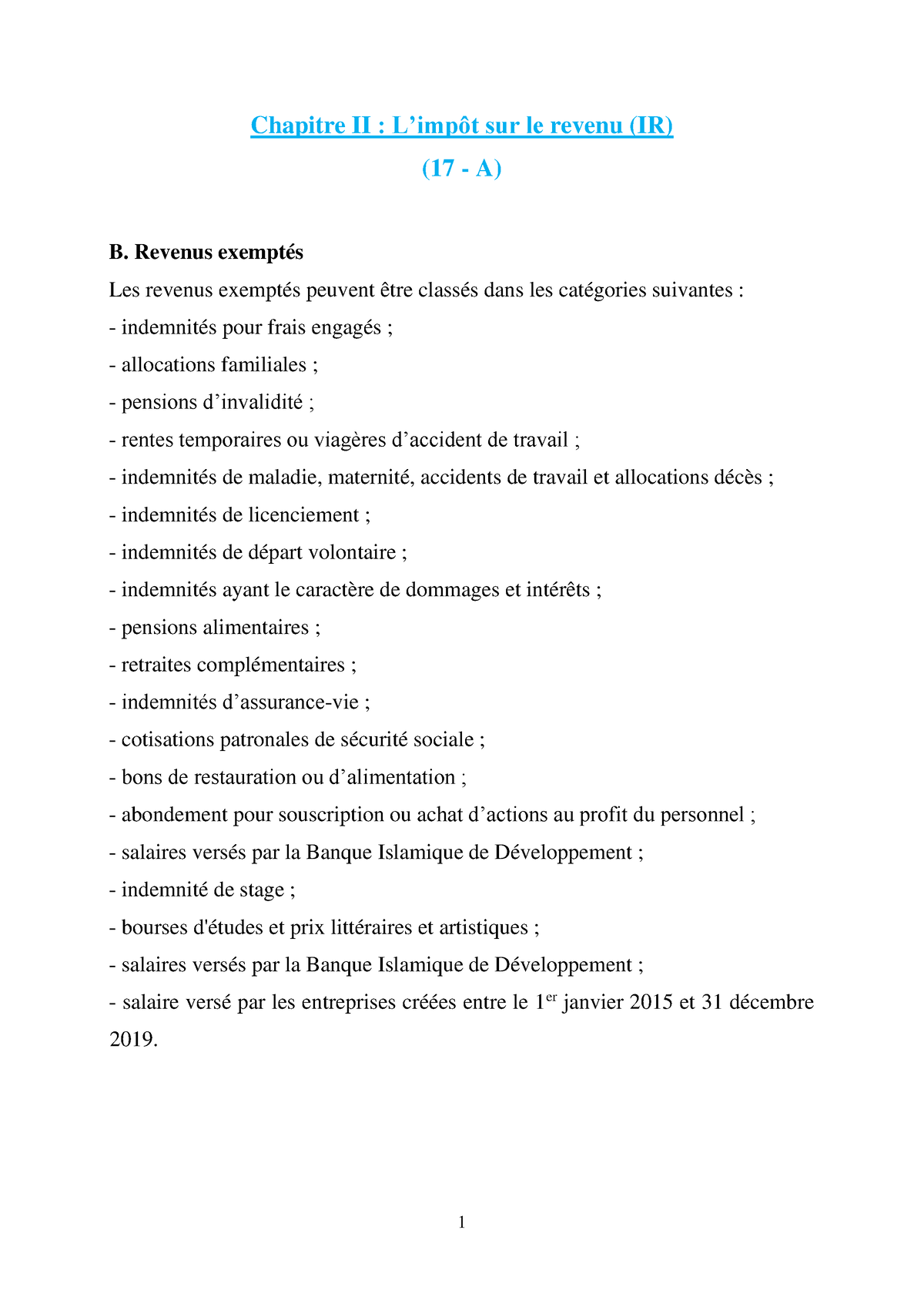 Revenus Salariaux Exemptés - A - Chapitre II : L’impôt Sur Le Revenu ...