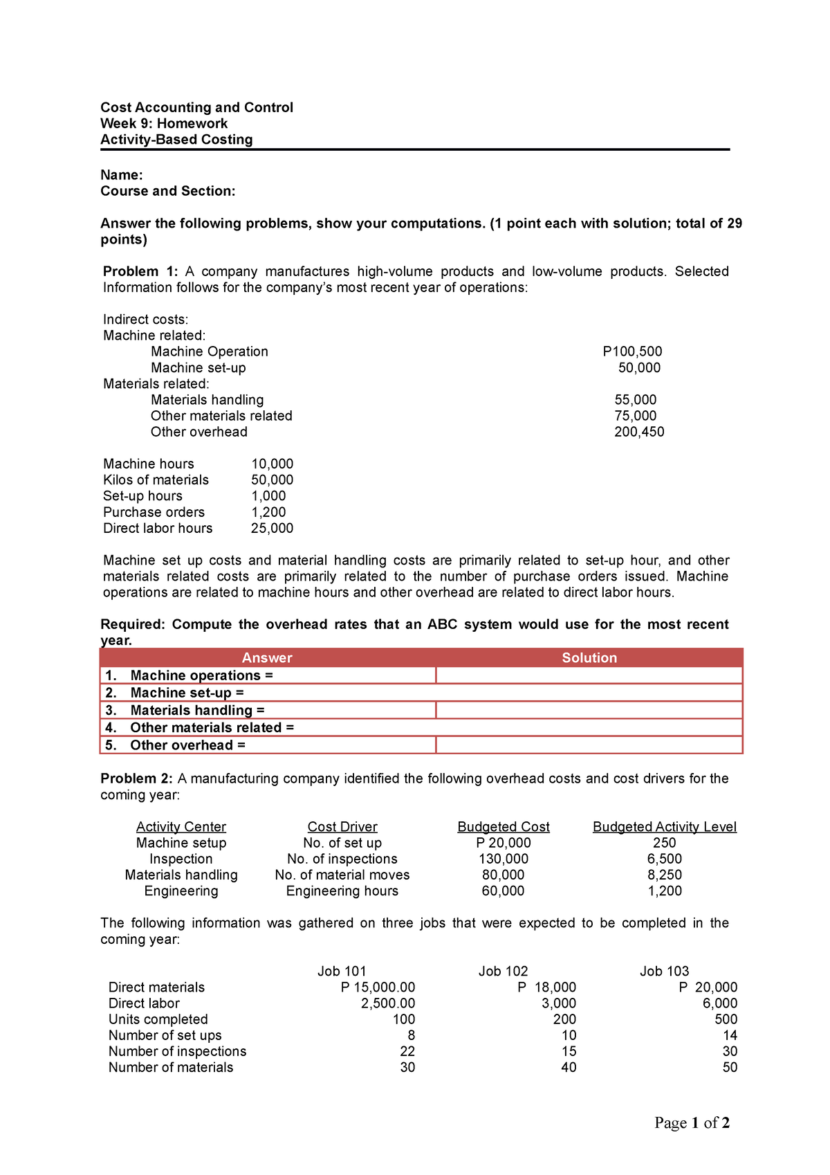 cost assignment activity