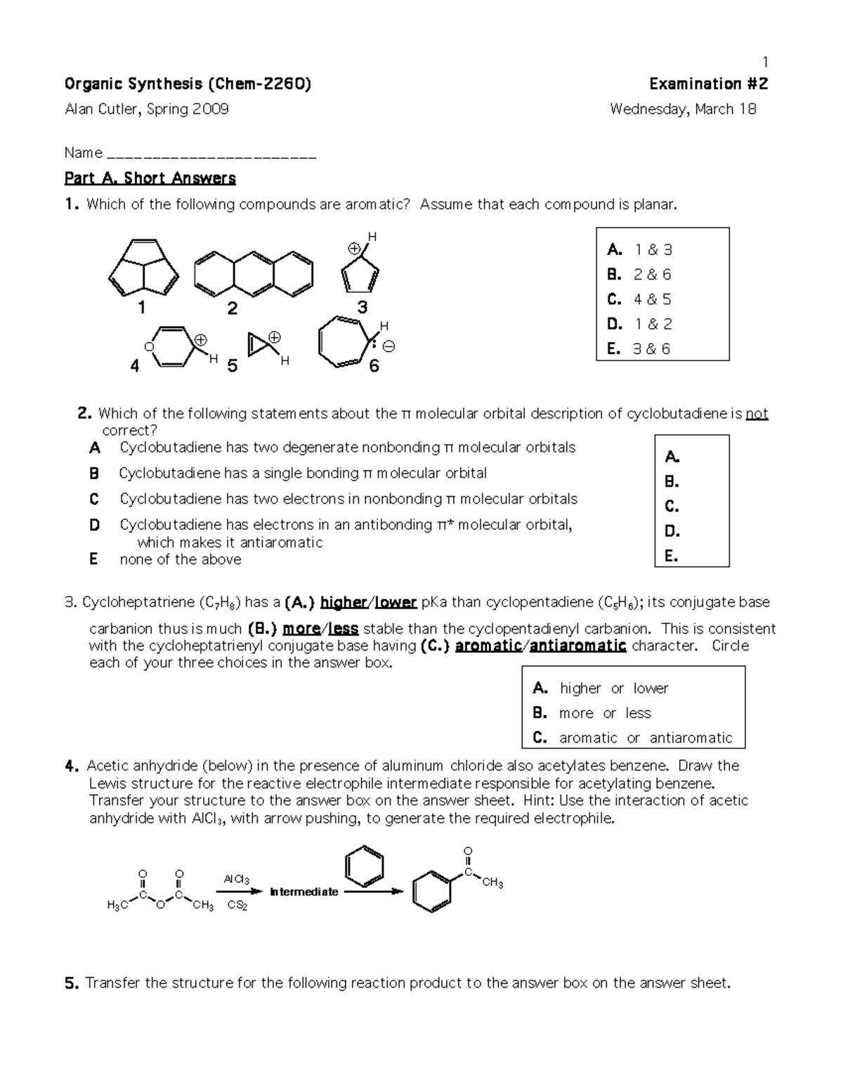 Exam 2 Spring 2014 - Or ga nic S y nthes is (C hem - 226 0 ) E xa mi ...