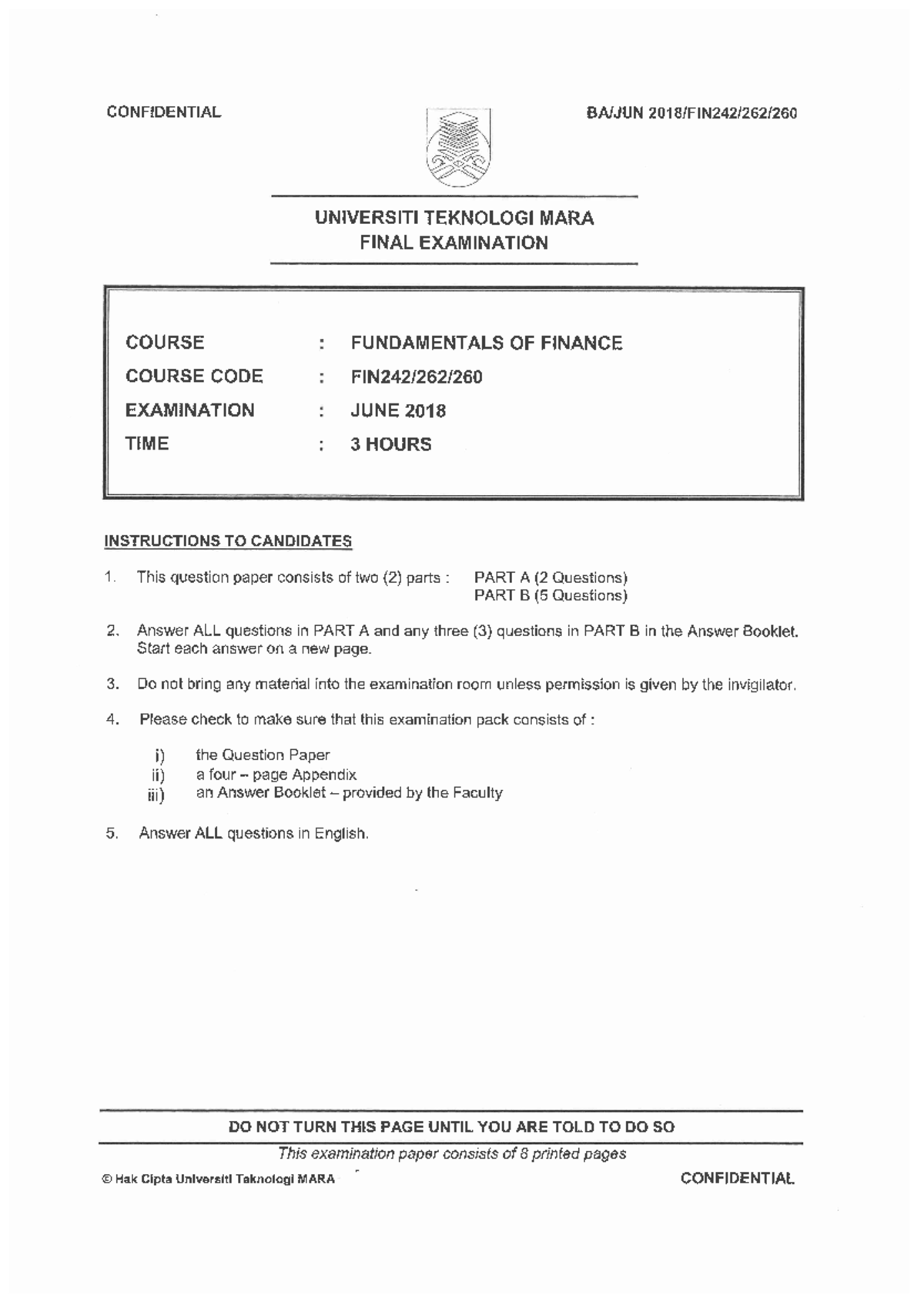 FIN242 JUNE 2018 Final Paper FAUNDAMENTAL OF FINANCE - Sains Matematik ...